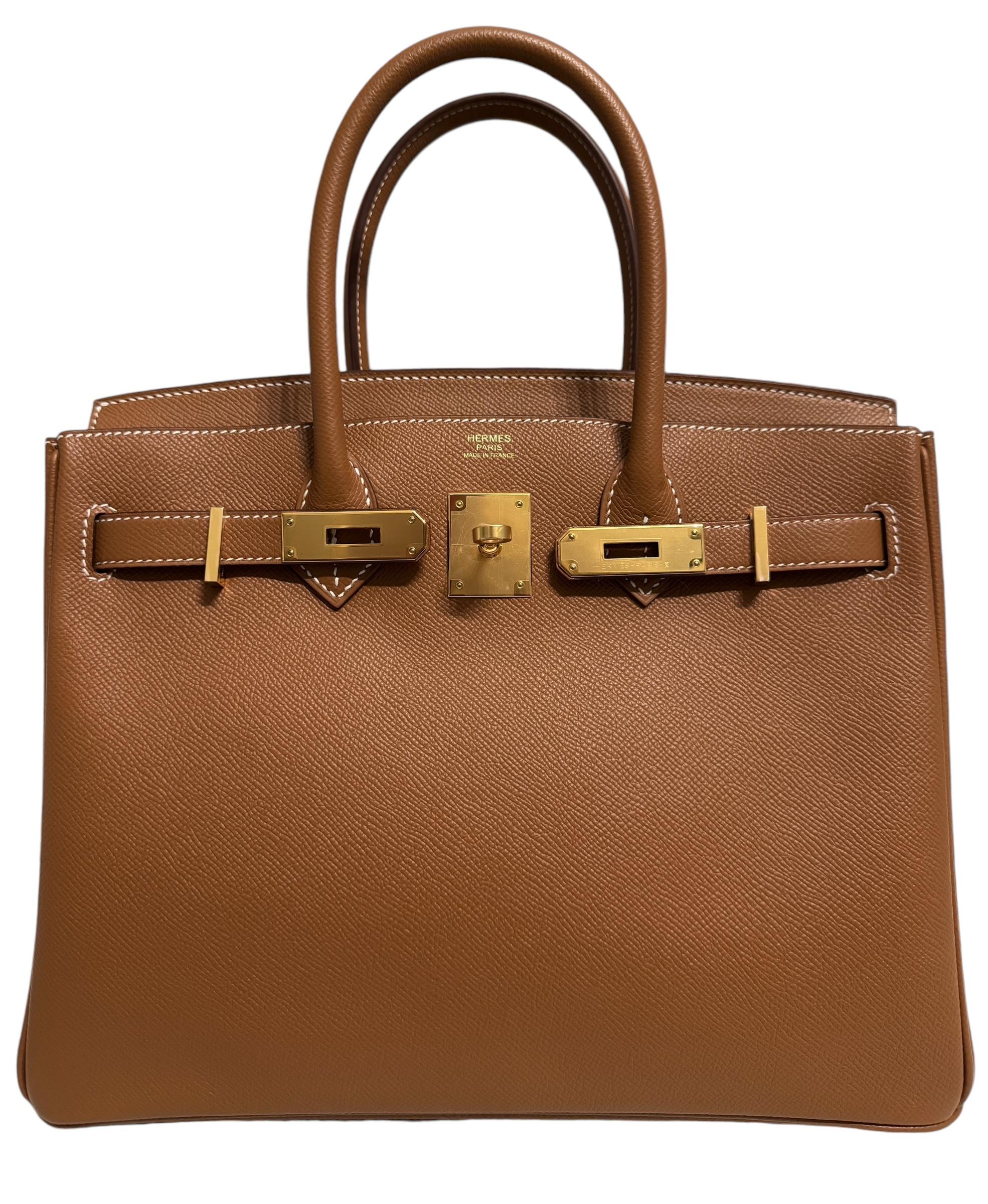 Hermes Birkin 30 Oro Camel Tan Epsom Cuero Herrajes de Oro RARO Marrón