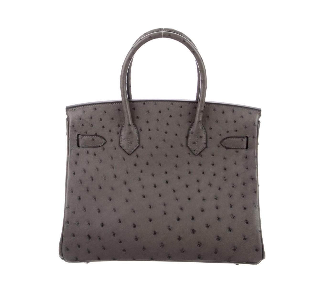 Hermes Birkin 30 Gray Ostrich Exotic Silver Top Handle Satchel Tote Bag In Excellent Condition In Chicago, IL