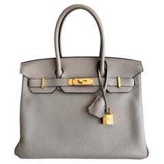 Borsa Hermes Birkin 30 Gris Tourterelle, in pelle Togo grigia, modello raro con manico superiore