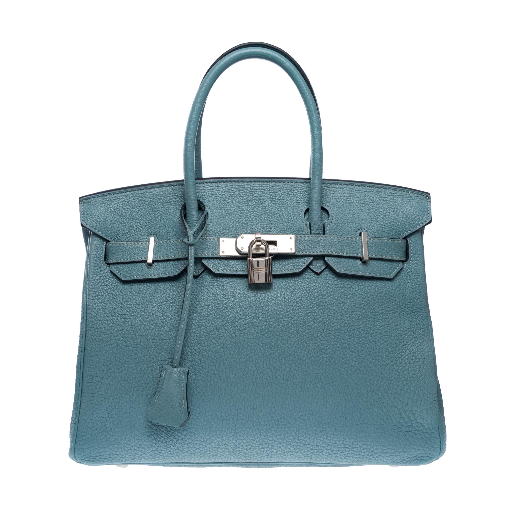 Orange Hermes Birkin 30 handbag in Bleu Ciel Togo calfskin leather, PHW For Sale