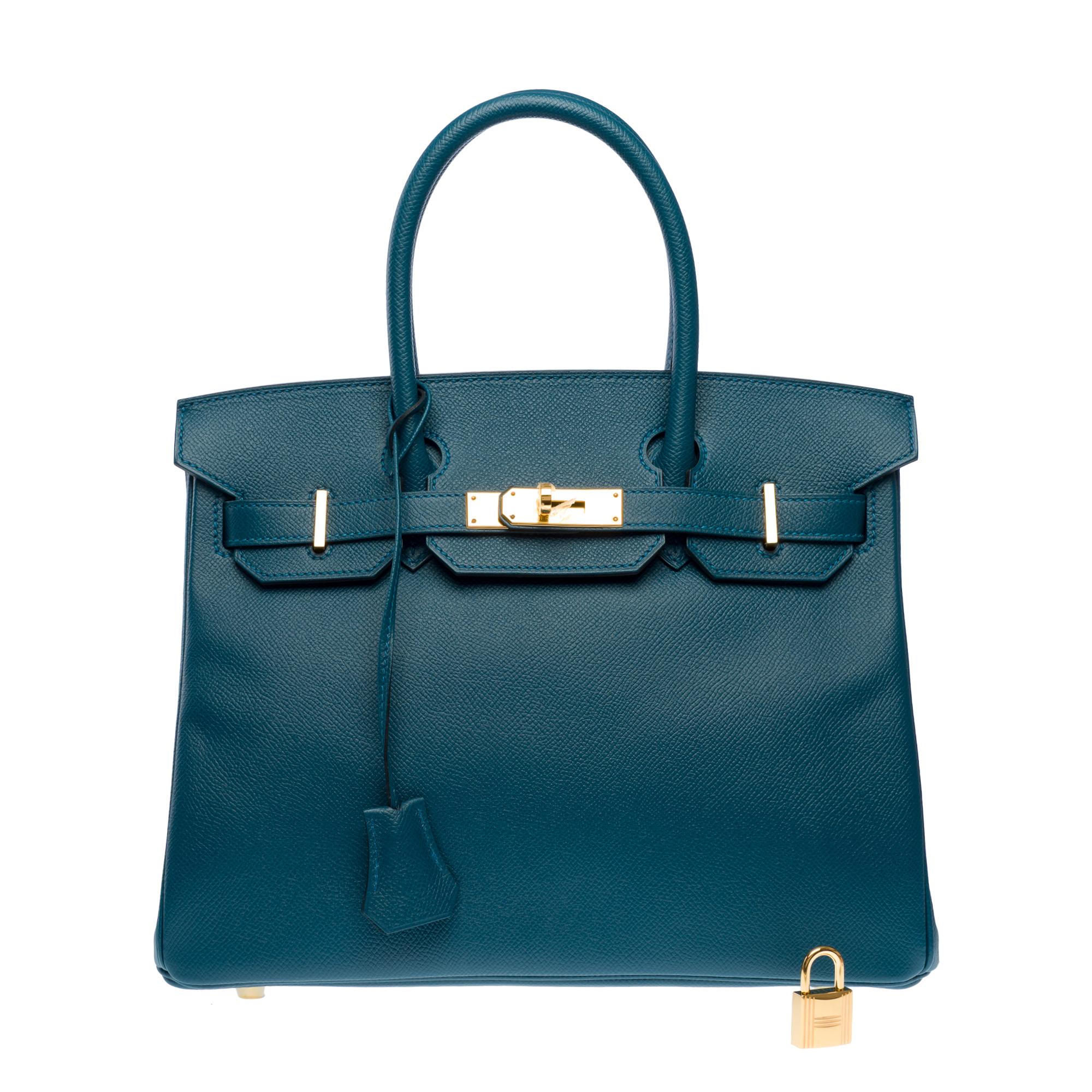 Arancia Borsa Hermes Birkin 30 in pelle di vitello Bleu Colvert Epsom, GHW in vendita