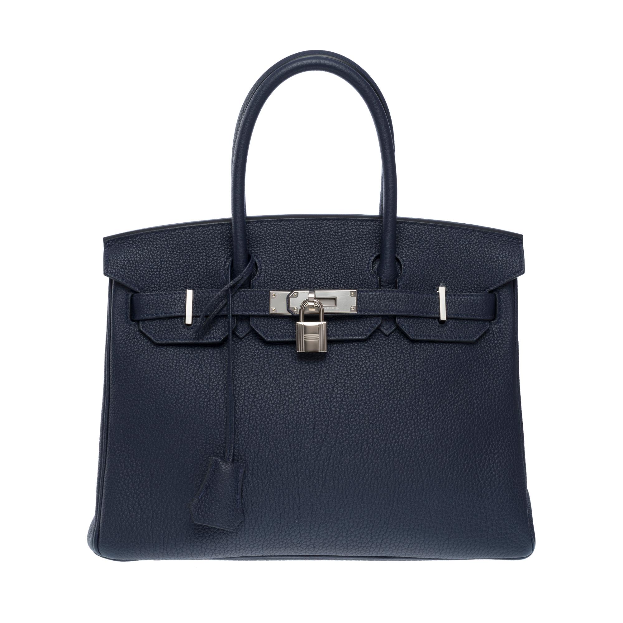 Orange Hermes Birkin 30 handbag in Bleu nuit Togo leather, SHW For Sale