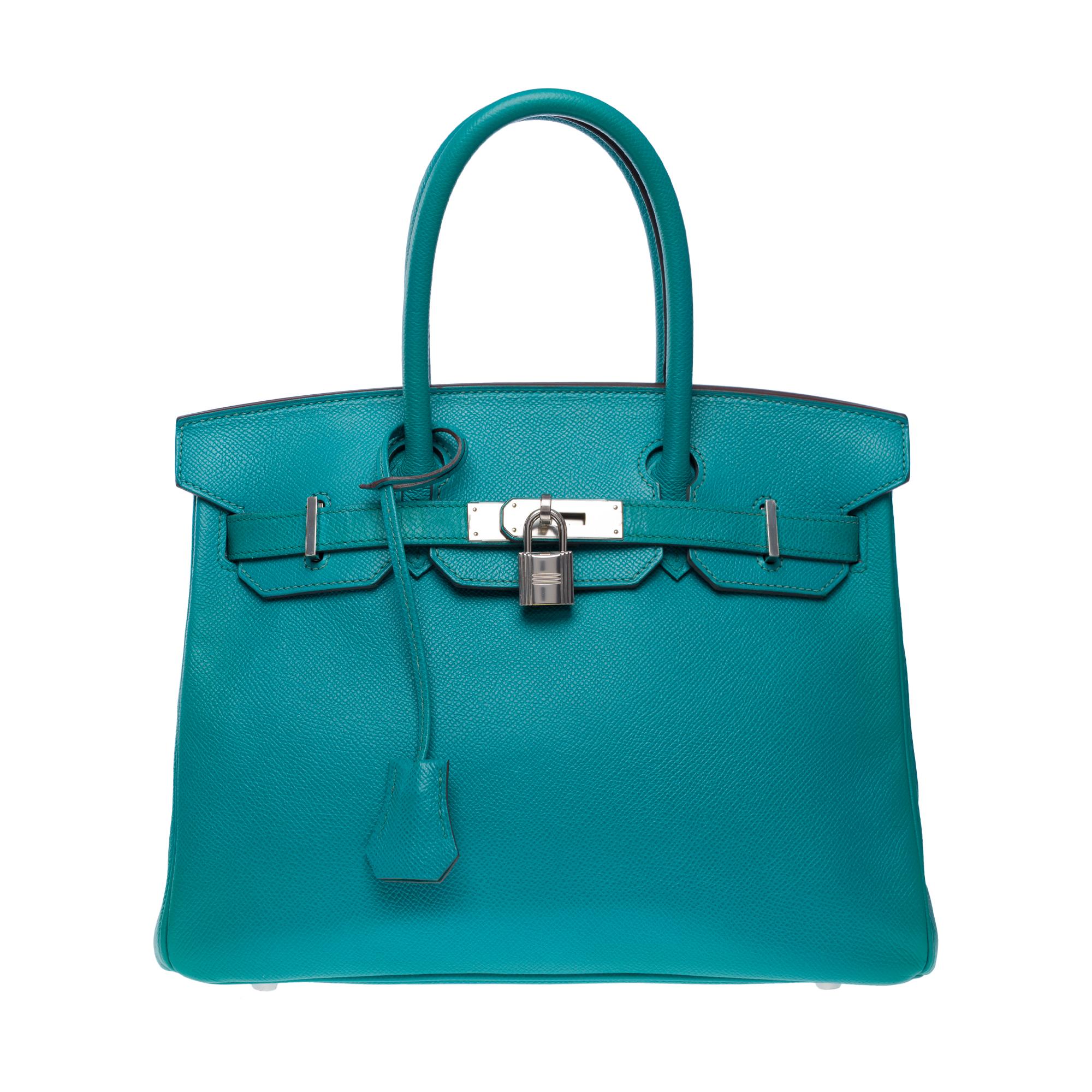 Orange Hermes Birkin 30 handbag in Bleu Paon Epsom Calf leather, PHW For Sale