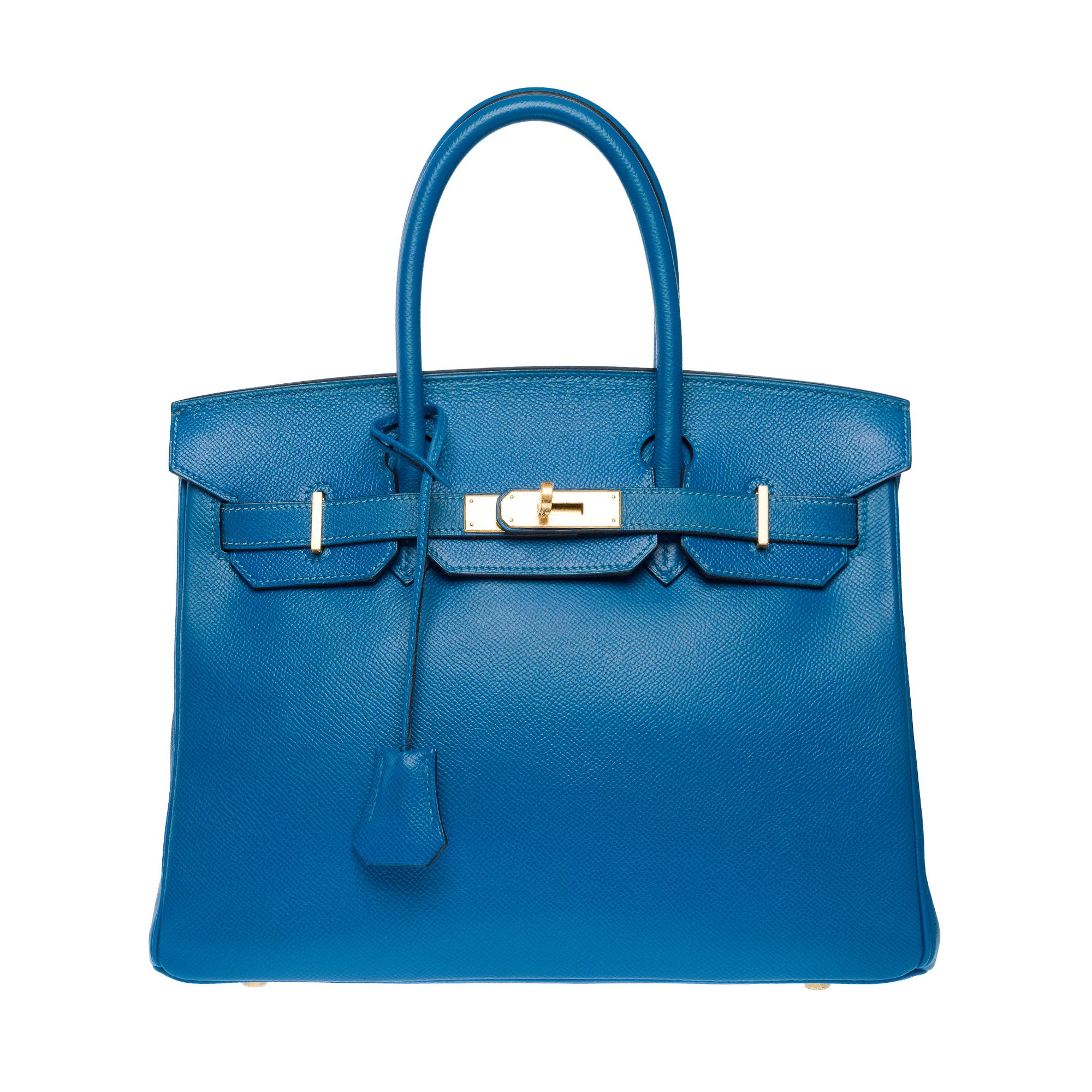 Hermes Birkin 30 handbag in blue Izmir Epsom calf leather, GHW In Excellent Condition For Sale In Paris, IDF