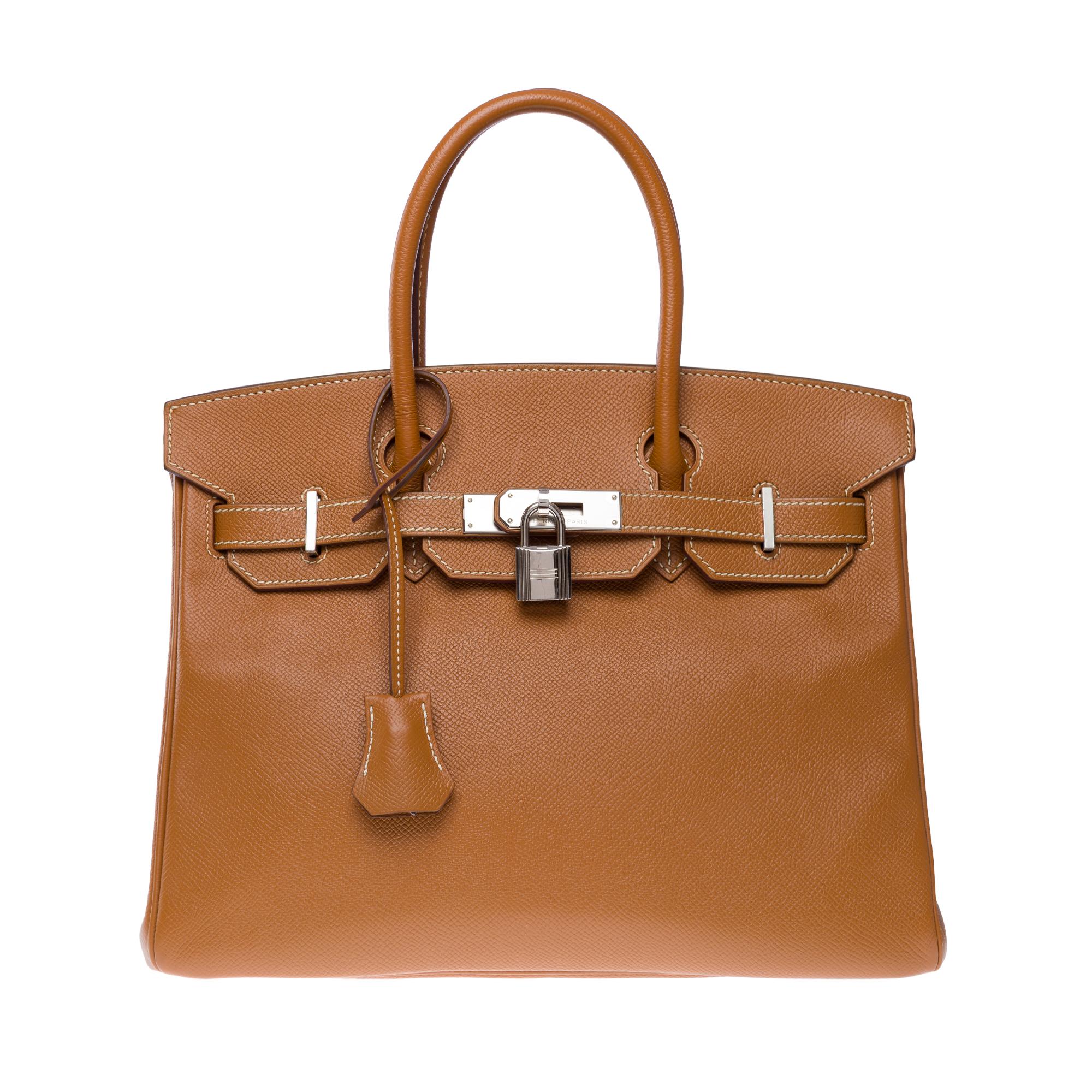 Hermes Birkin 30 handbag in Gold (Camel) Epsom calf leather, PHW In Excellent Condition For Sale In Paris, IDF