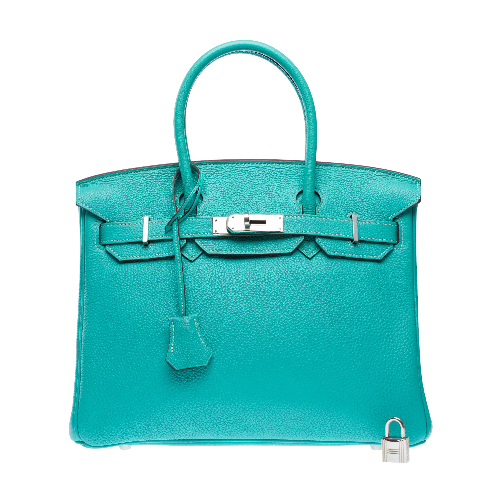 Orange Hermes Birkin 30 handbag in Lagoon Blue Togo Calfskin leather, PHW For Sale