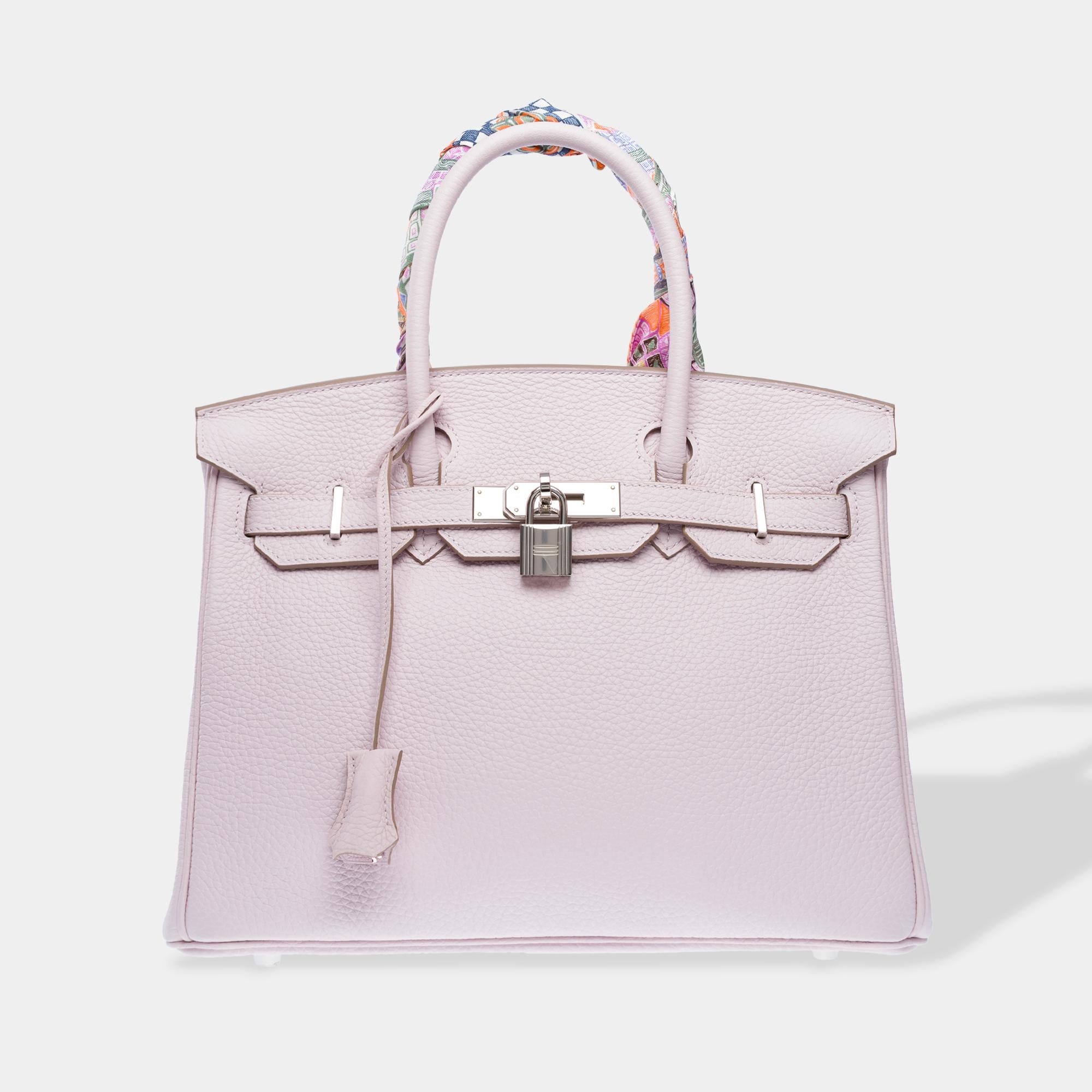 Beautiful​ ​and​ ​Bright​ ​Hermes​ ​Birkin​ ​30​ ​handbag​ ​in​ ​pale​ ​mauve​ ​Taurillon​ ​Clemence​ ​calfskin​ ​leather,​ ​silver​ ​palladium​ ​metal​ ​trim,​ ​double​ ​mauve​ ​leather​ ​handles​ ​allowing​ ​for​ ​hand​ ​carry

Closure​ ​with​