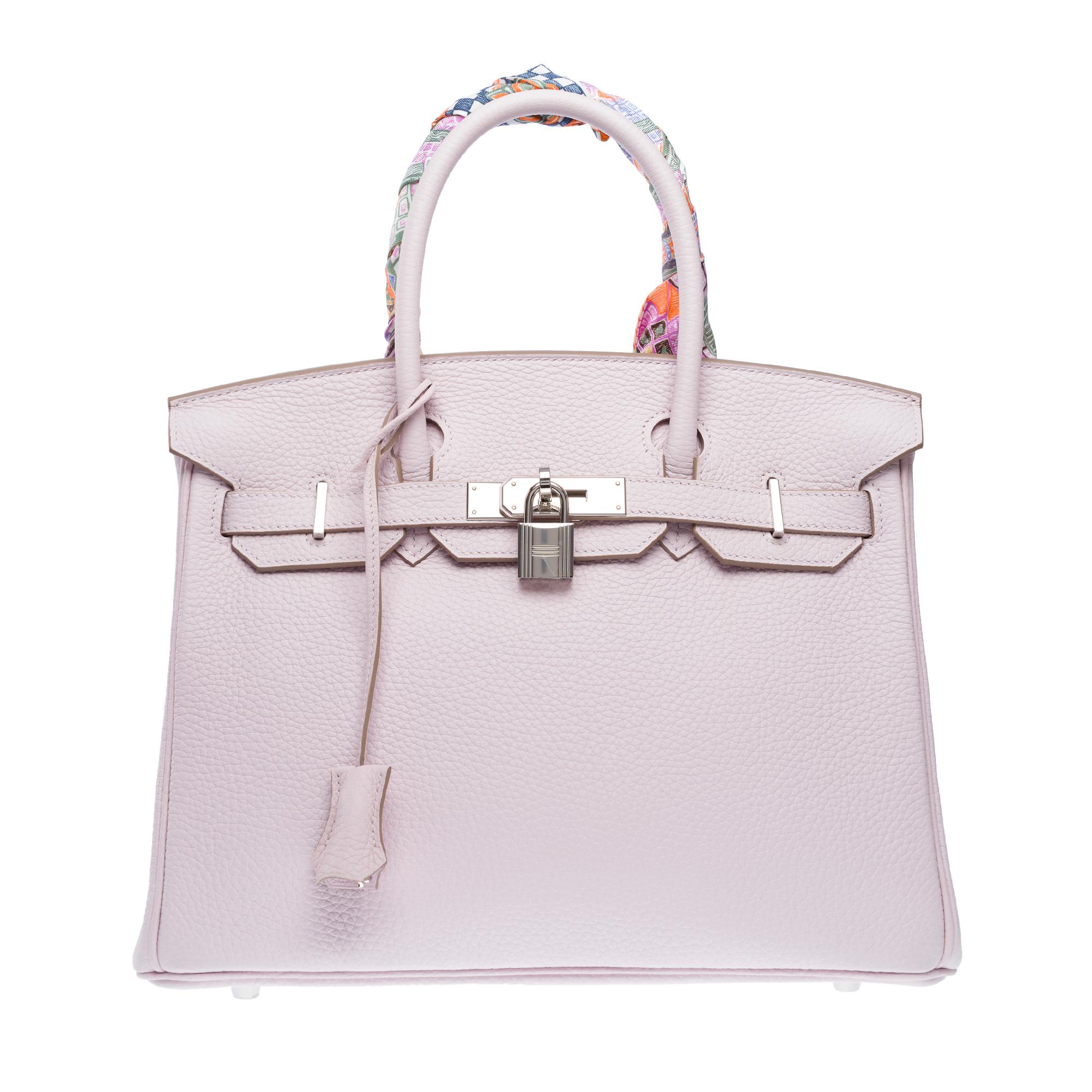 Orange Hermes Birkin 30 handbag in Mauve Pale Taurillon Clémence leather, PHW