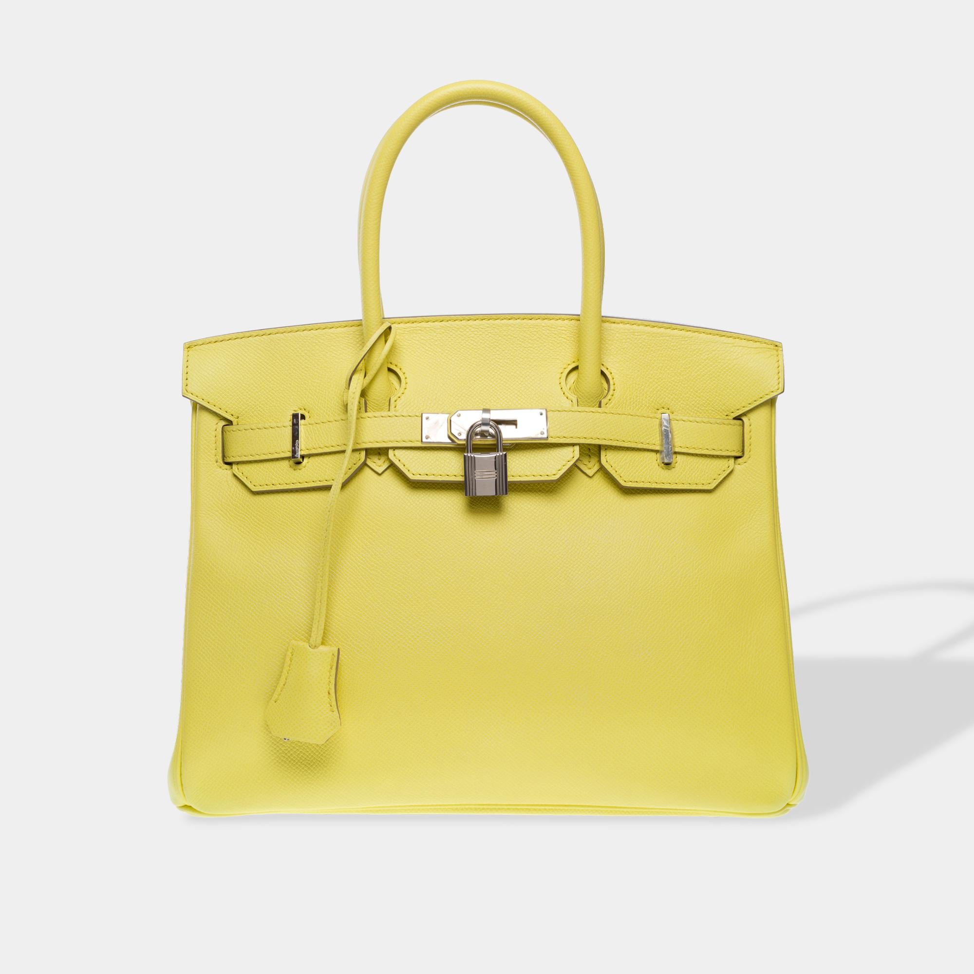 Beautiful​ ​and​ ​Bright​ ​Hermes​ ​Birkin​ ​30​ ​handbag​ ​in​ ​Souffre​ ​yellow​ ​Epsom​ ​calf​ ​leather,​ ​silver​ ​palladium​ ​metal​ ​trim,​ ​double​ ​yellow​ ​leather​ ​handles​ ​allowing​ ​for​ ​hand​ ​carry

Closure​ ​with​ ​flap
Yellow​