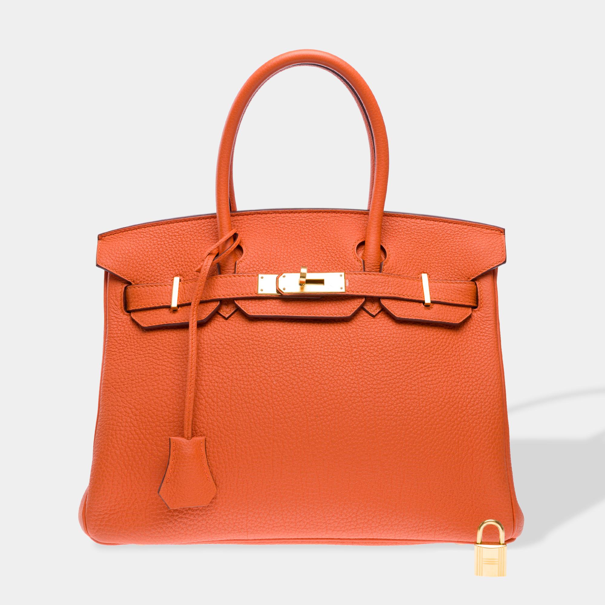 Bright Hermes Birkin 30 handbag in Orange Togo Calfskin leather, GHW In Excellent Condition In Paris, IDF