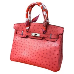Hermes Birkin 30 Handbag Pink Ostrich Palladium Hardware with Twilly