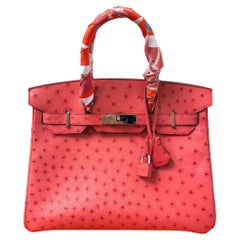 Hermes Birkin 30 Handbag Pink Ostrich Palladium Hardware with Twilly