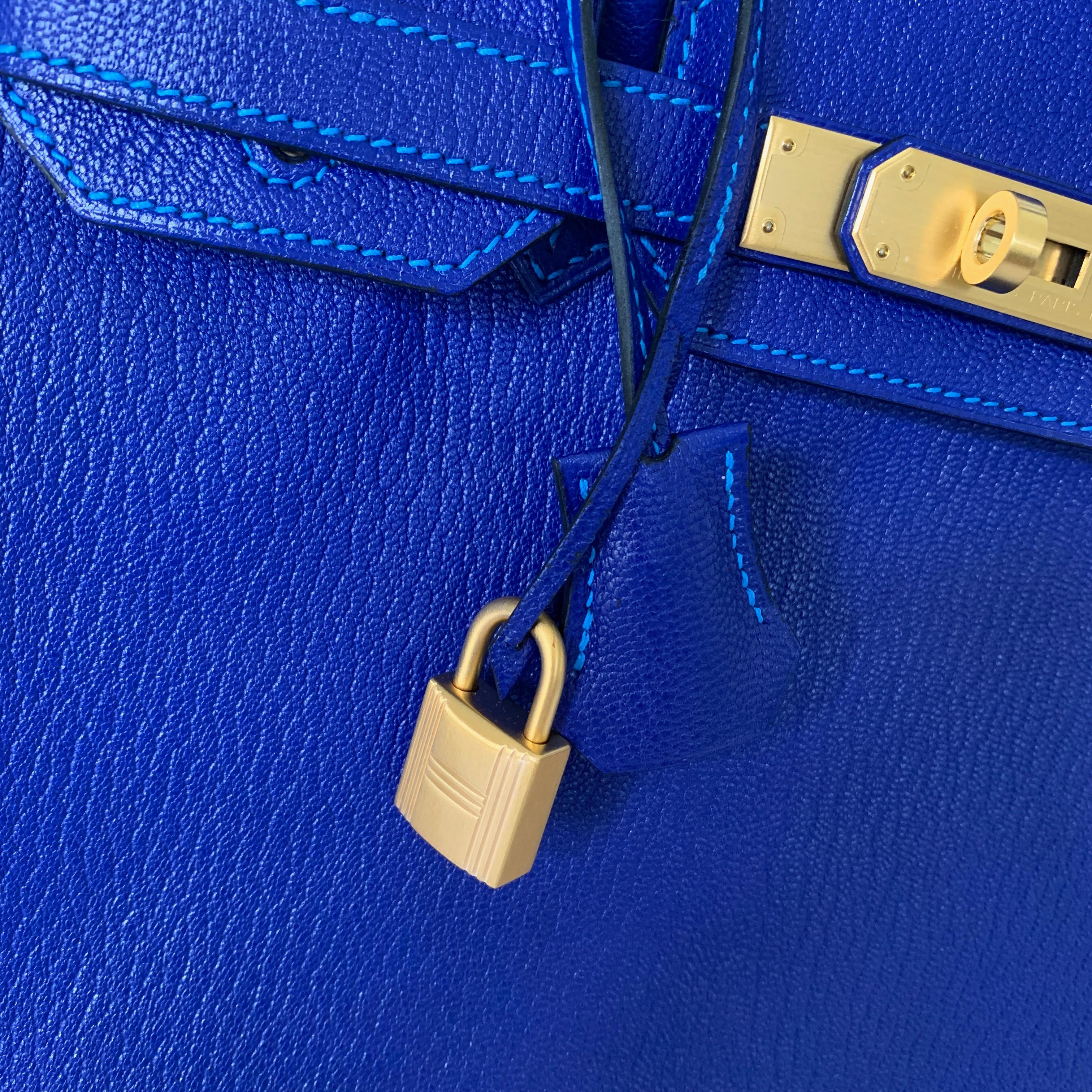Hermes Birkin 30 HSS Blue Electric with Blue Hydra Contrast Stitch Brush Gold In New Condition In West Chester, PA