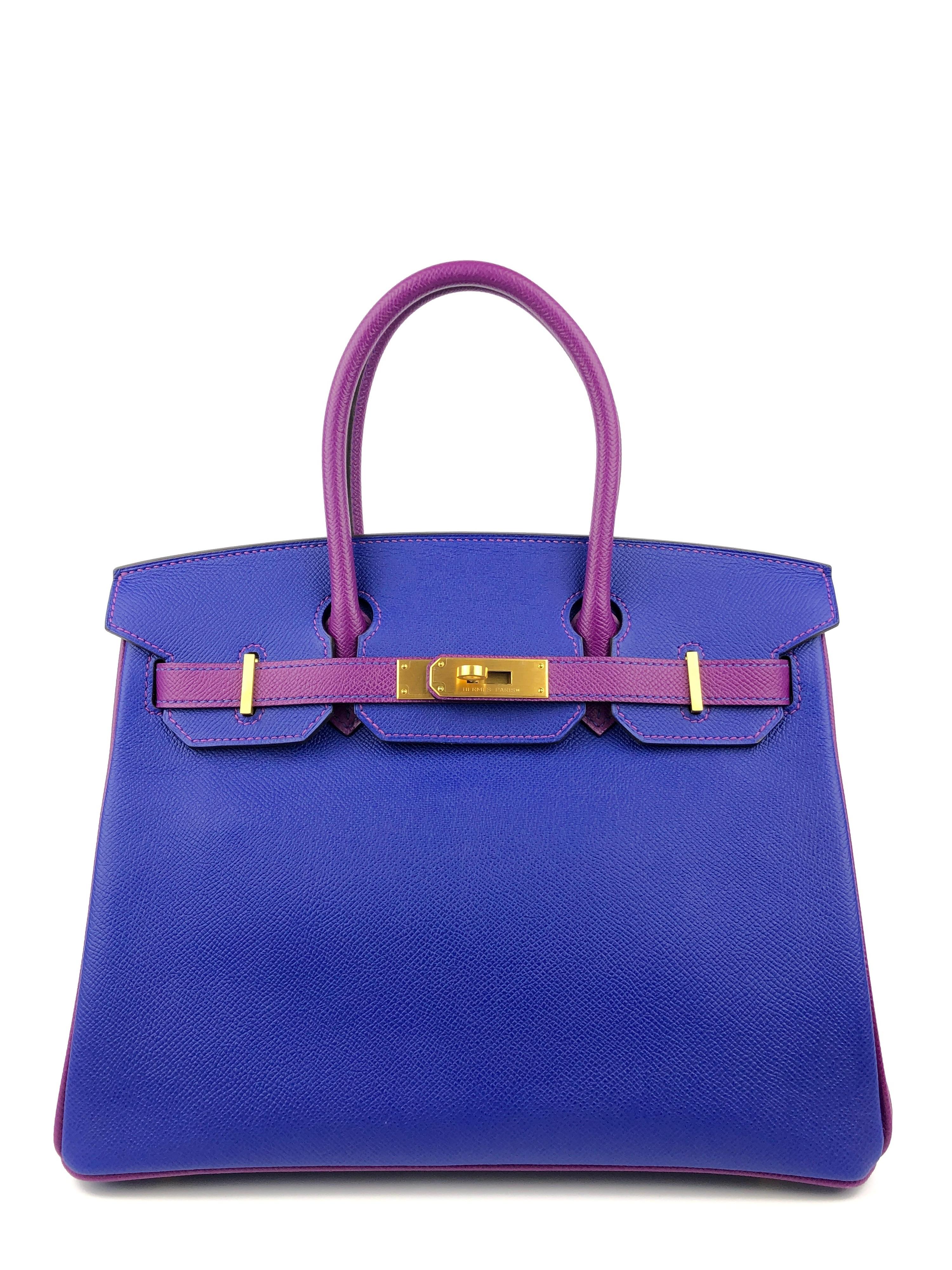 Like New Rare Hermes Birkin 30 HSS Special Order Blue Electric Anemone Purple Epsom Leather Brushed Gold Hardware. 

Shop with Confidence from Lux Addicts. Authenticity Guaranteed! 