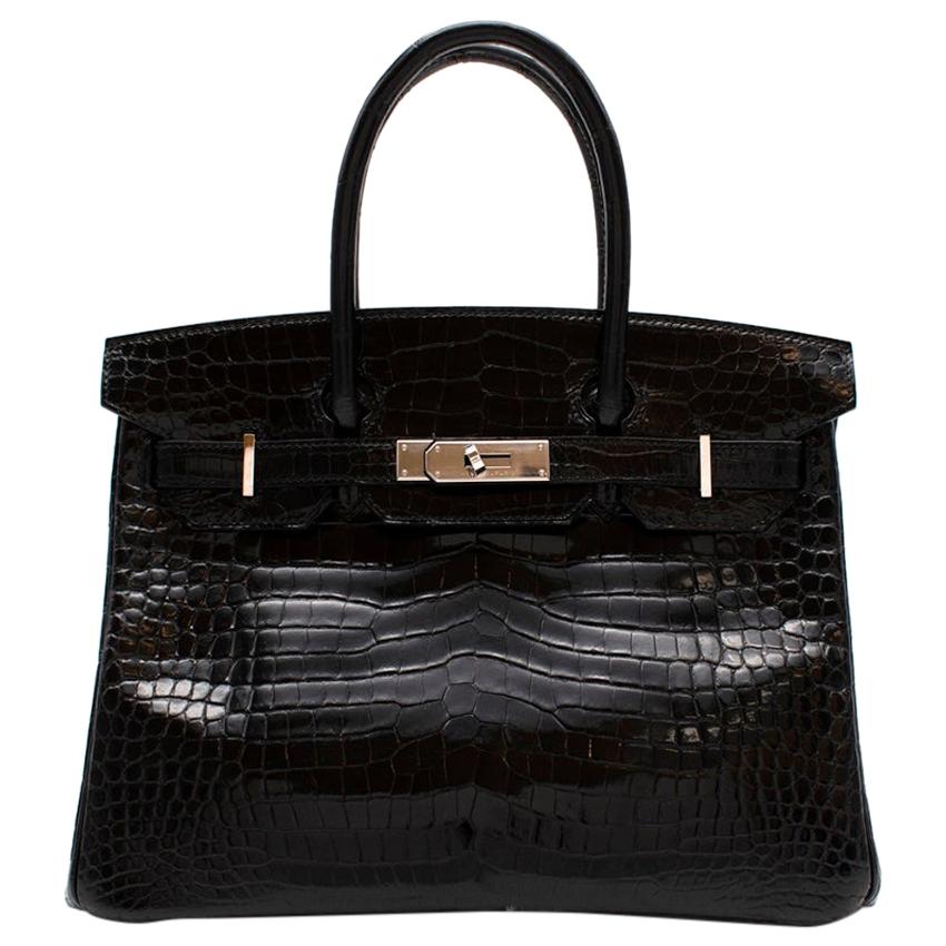 Hermès Birkin 30 in Black Lisse Porosus Crocodile PHW For Sale