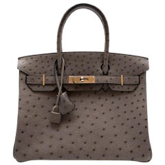 Hermès - Sac Birkin 30 en cuir d'autruche étain PHW
