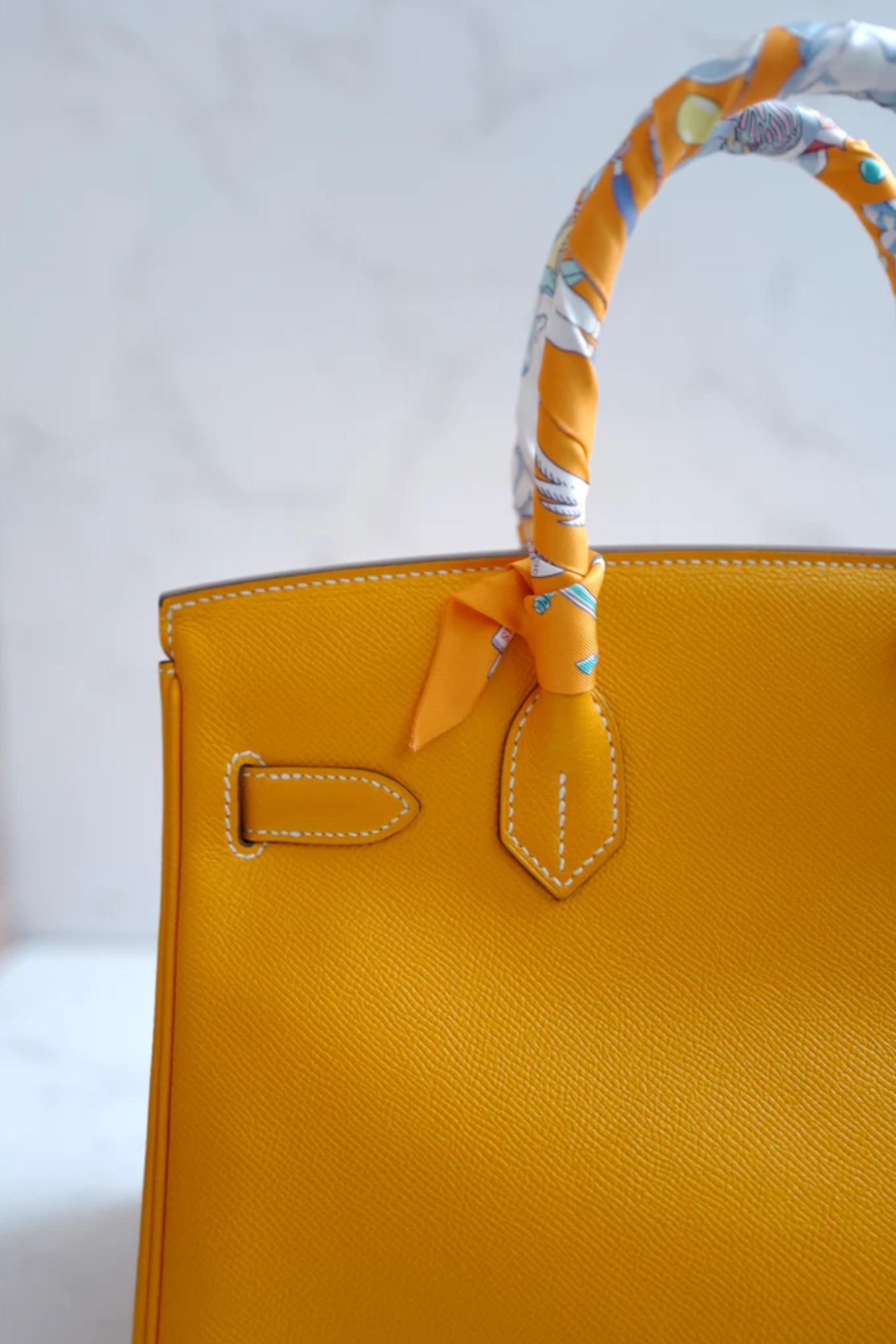 Hermès Birkin 30 Jaune d'Or Cuir Epsom Candy Edition Intérieur Orange & HW Or en vente 8