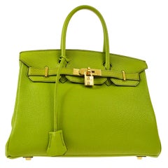 Hermes Birkin 30 Lime Green Leather Silver Top Handle Satchel Tote Bag in Box