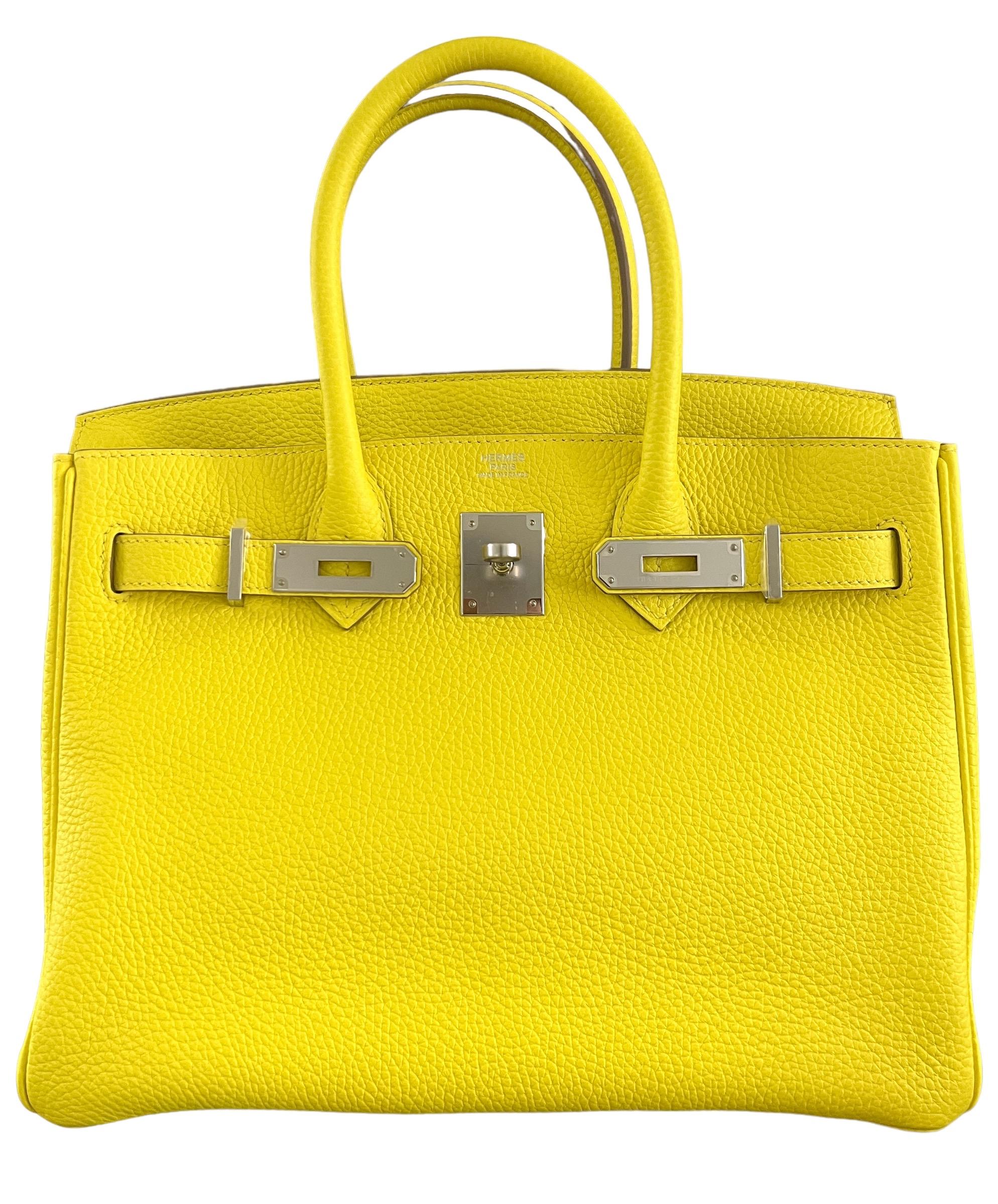 Women's or Men's Hermes Birkin 30 Lime Yellow Leather Palladium Hardware Bag Handbag NEW 2022 For Sale