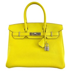 Used Hermes Birkin 30 Lime Yellow Leather Palladium Hardware Bag Handbag NEW 2022