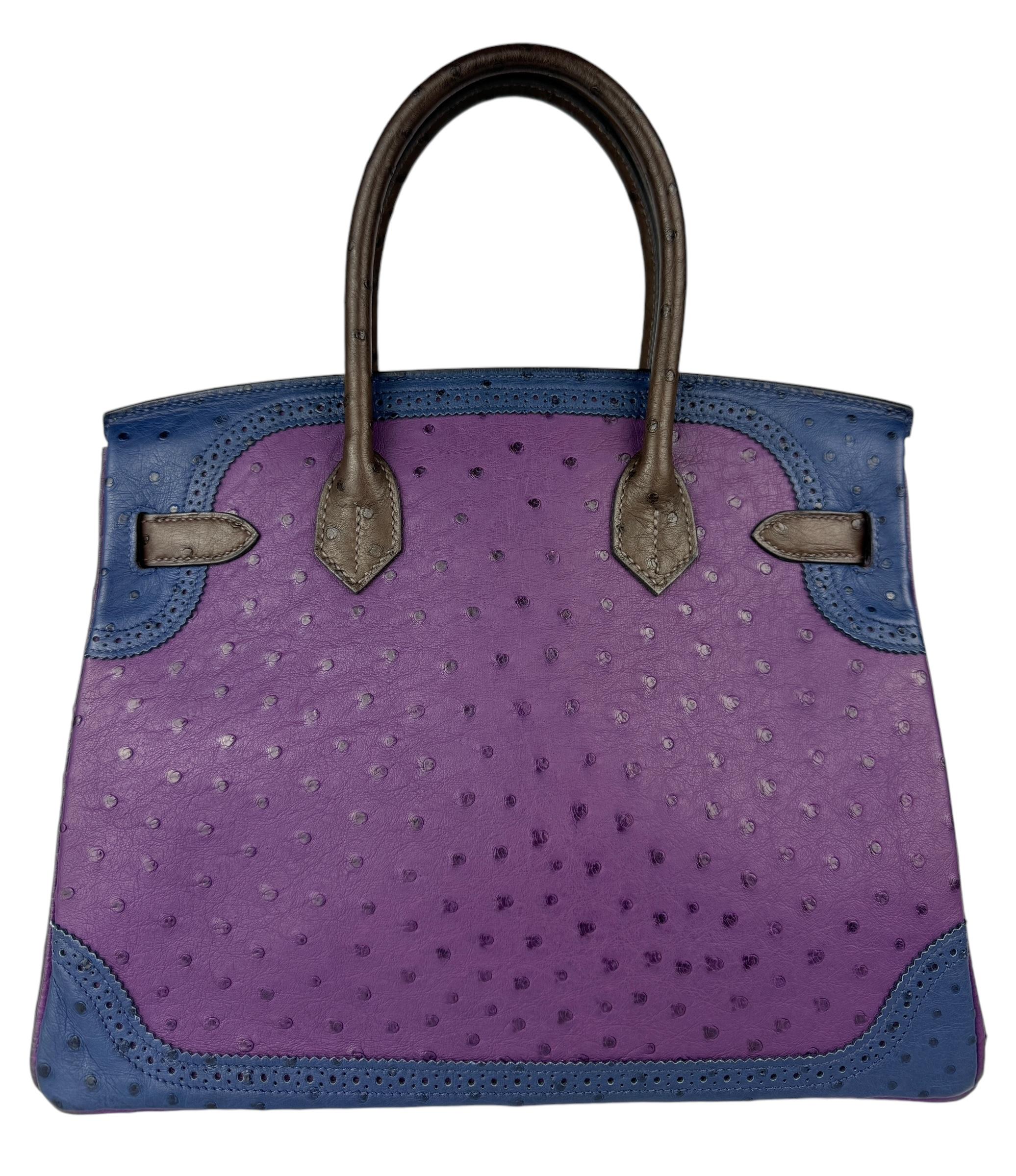 SStunning Rare Limited Edition Hermes Birkin 30 Ghillies Ostrich Violet, Blue de Malte & Marron d’Inde. Complimented by Palladium Hardware. Pristine Condition almost like new. Plastic on all Hardware. Perfect corners and Structure. Worn a few