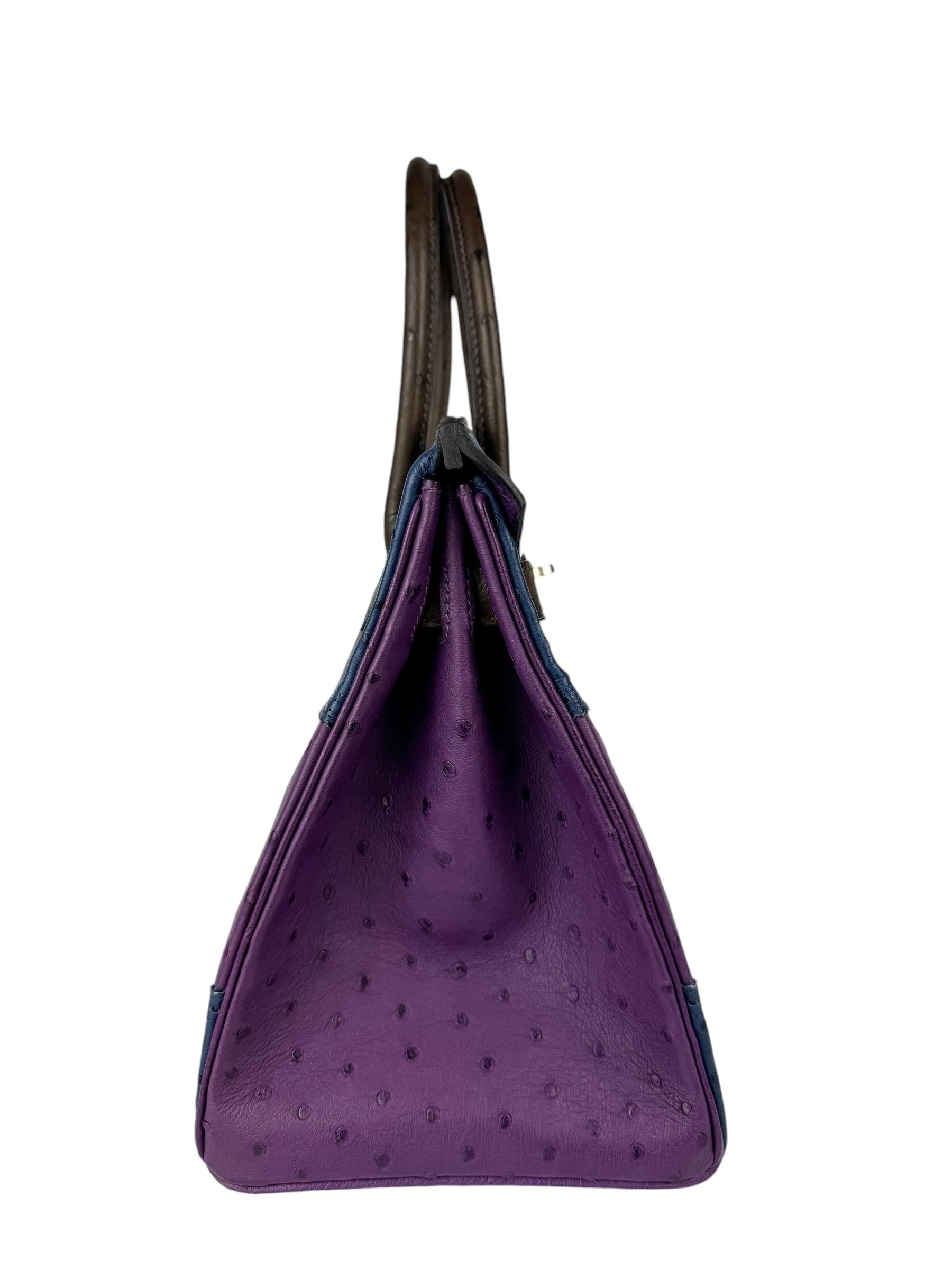 Gray Hermes Birkin 30 Limited Ostrich Ghillies Violet, Blue de Malte & Marron d’Inde