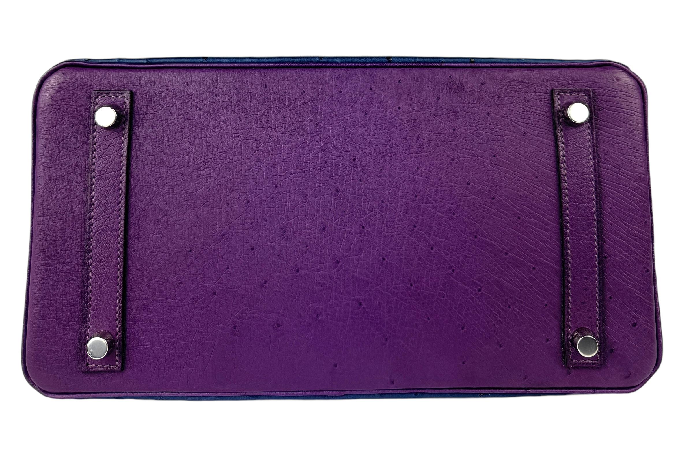 Hermes Birkin 30 Limited Ostrich Ghillies Violet, Blue de Malte & Marron d’Inde In Excellent Condition In Miami, FL