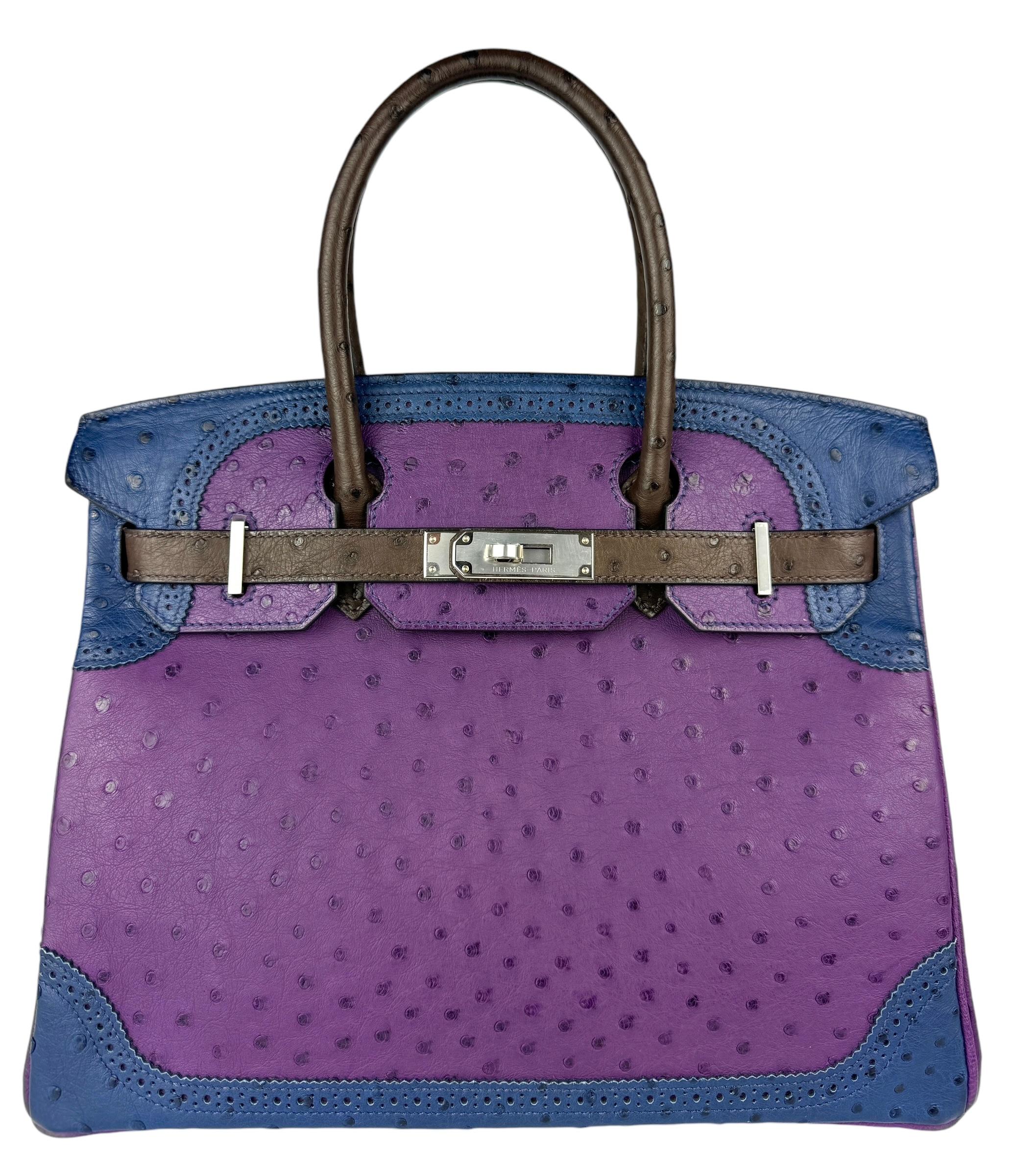 Women's or Men's Hermes Birkin 30 Limited Ostrich Ghillies Violet, Blue de Malte & Marron d’Inde