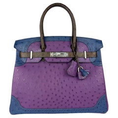 Hermes Birkin 30 Limited Ostrich Ghillies Violet, Blue de Malte & Marron d’Inde