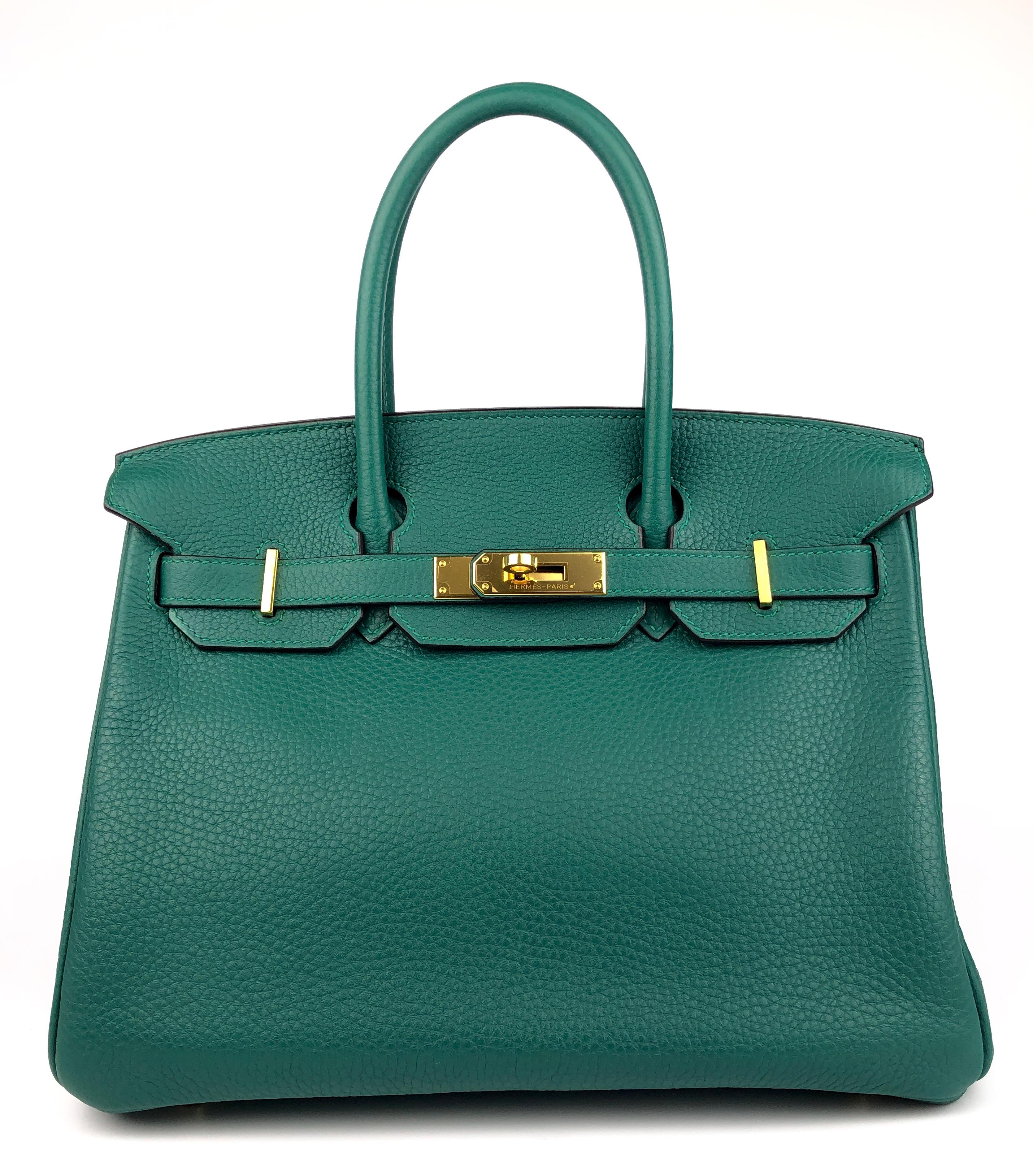 Stunning Hermes Birkin 30 Malachite Green complimented by Gold Hardware. Excellent Condition with Plastic on Hardware. 2015 T Stamp. 

Shop with Confidence from Lux Addicts. Authenticity Guaranteed! 