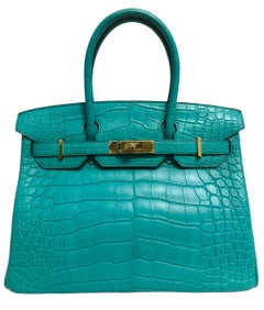 Hermes Birkin 30 Matte Alligator Blue Paon Gold Hardware
