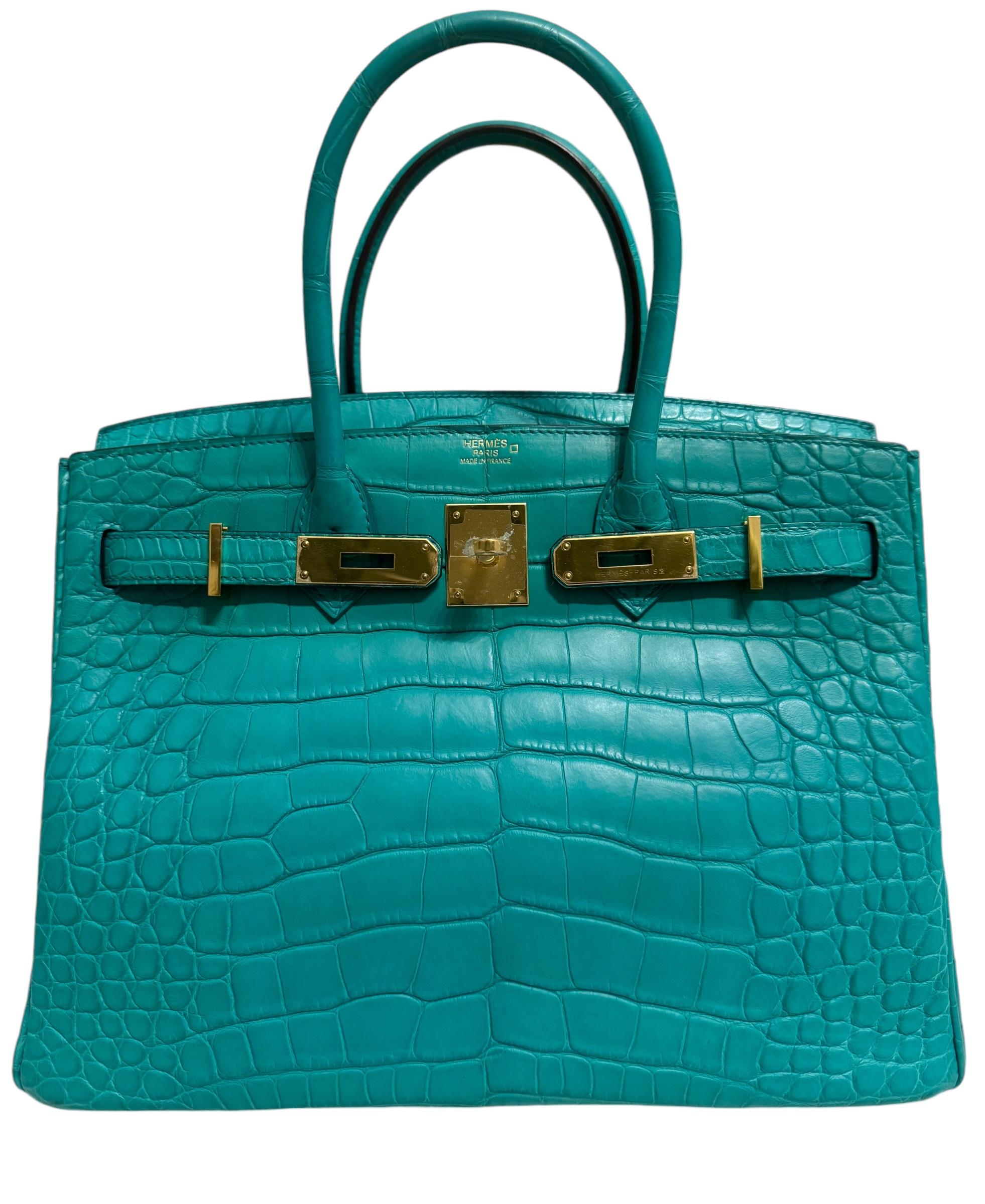Hermes Birkin 30 Matte Alligator Blue Paon Gold Hardware In Excellent Condition In Miami, FL