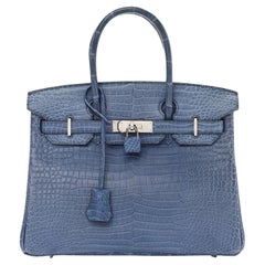 Hermès Birkin 30 Matte Porosus Krokodil Blau Palladium Top Handle Tote Bag
