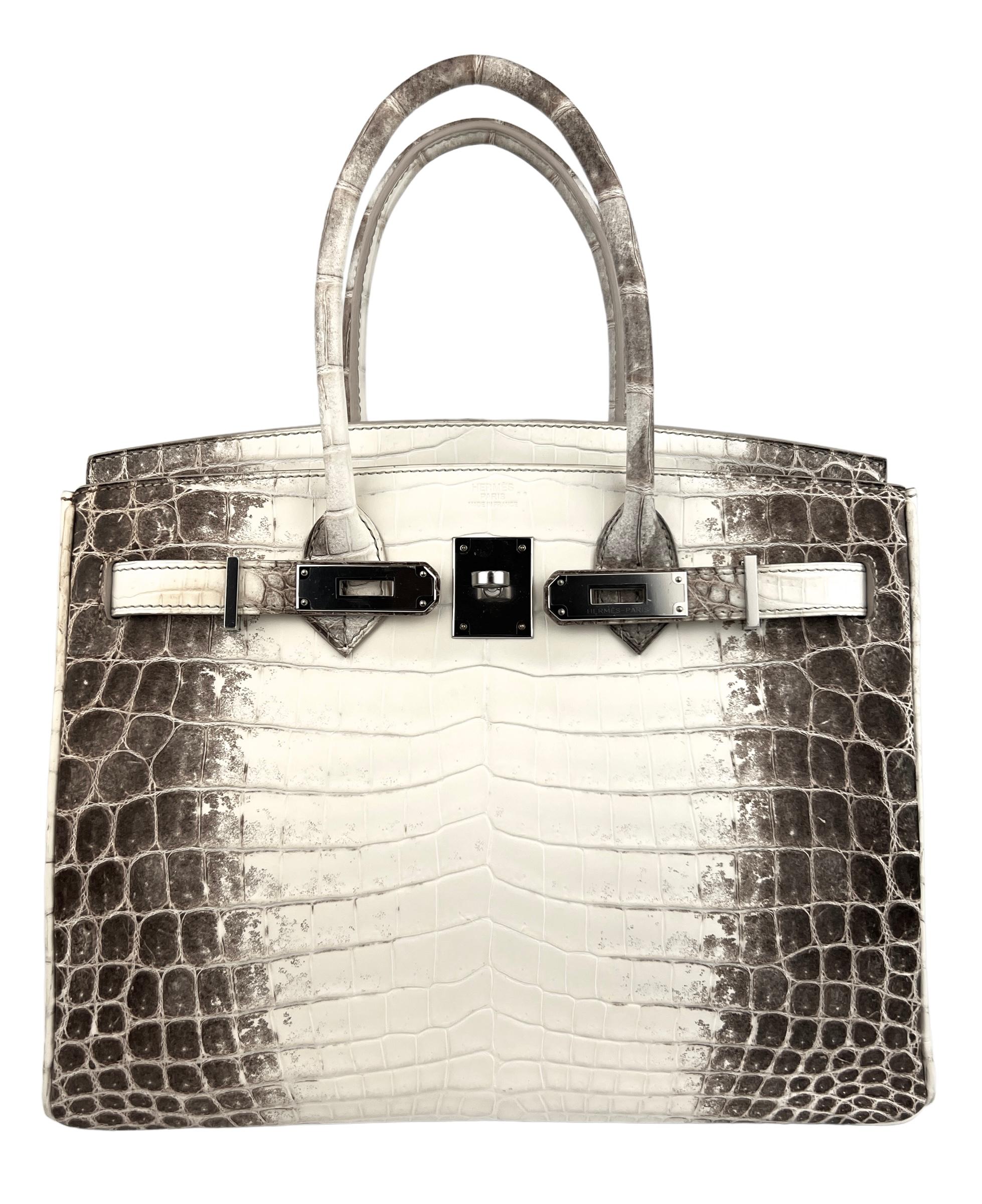 Hermes Birkin 30 Matte White Himalayan Niloticus Crocodile Palladium Hardware In Excellent Condition In Miami, FL