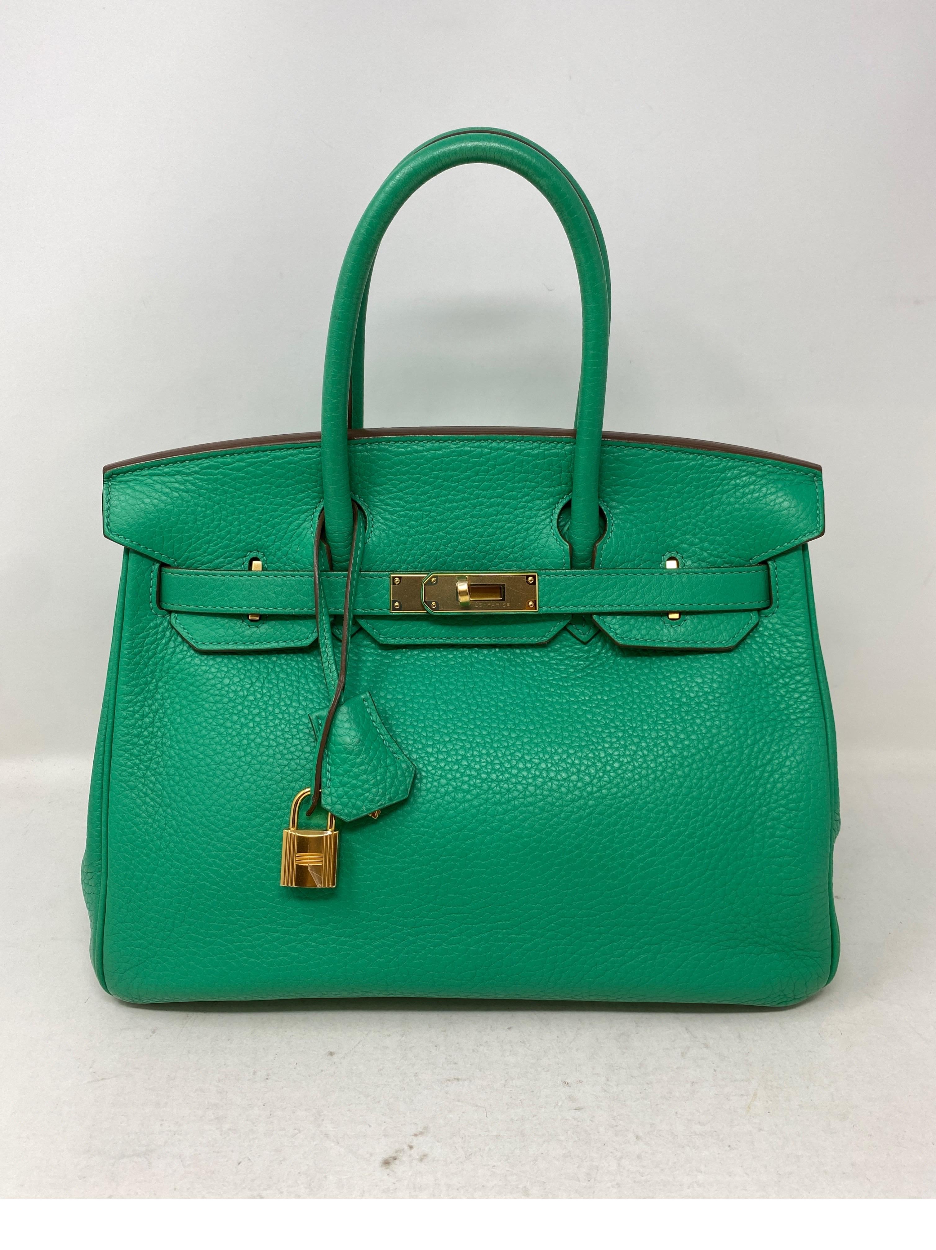Hermes Birkin 30 Menthe Bag. Gold hardware. Clemence leather. Minty green fresh color. Excellent condition. Includes clochette, lock, keys, and dust cover. Guaranteed authentic. 