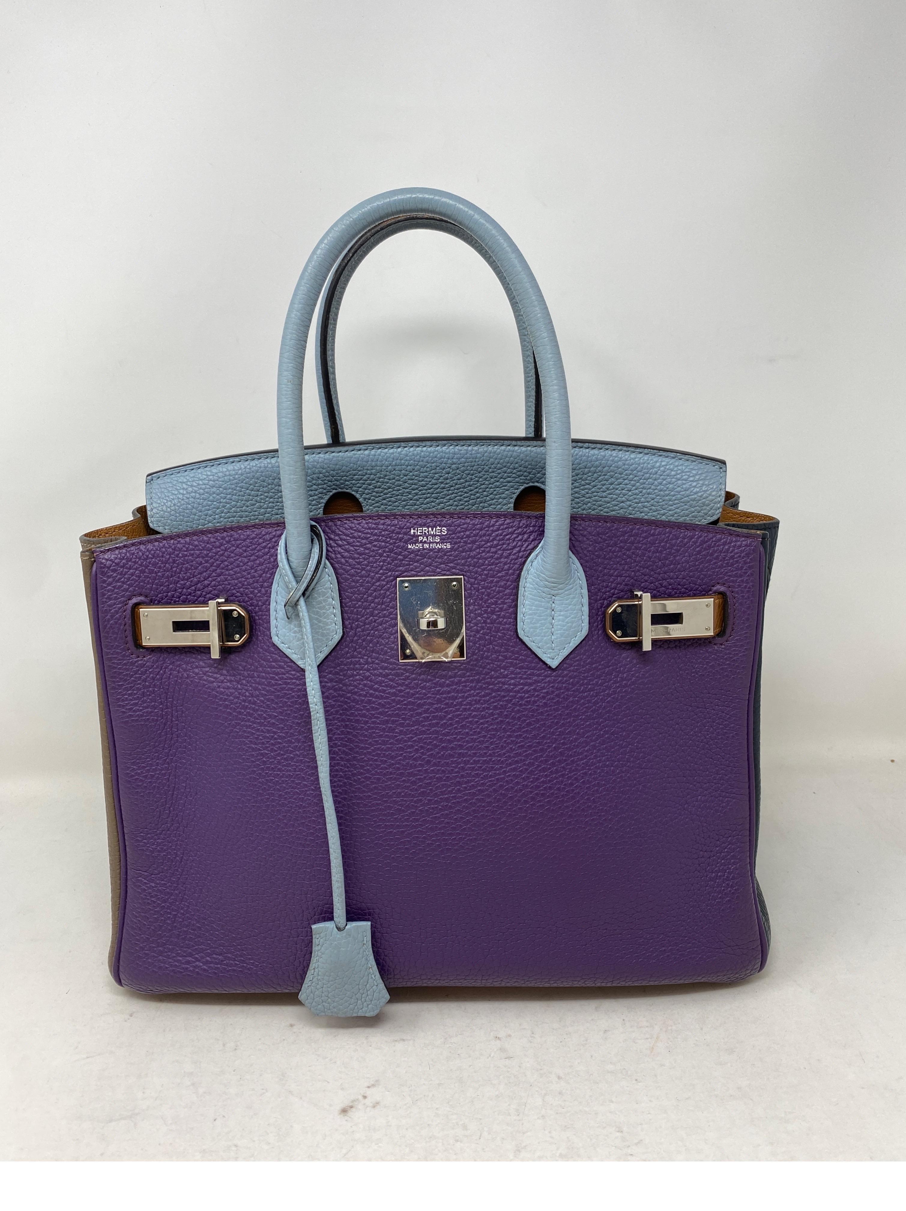 Hermes Birkin 30 Multi-color Bag. Rare and limited Birkin 30. Purple, light blue, brown and navy colors. Palladium hardware. Good condition. Light wear on handles. Stunning bag. Includes clochette, lock, keys, and dust cover. Guaranteed authentic. 
