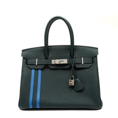 Hermès Birkin 30cm Officier Vert Cyprès Togo Leather Bleu Zellige Stripes w PH