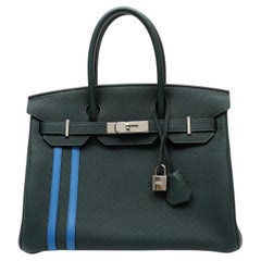 Hermès Birkin 30cm Officier Vert Cyprès Togo Leather Bleu Zellige Stripes w PH