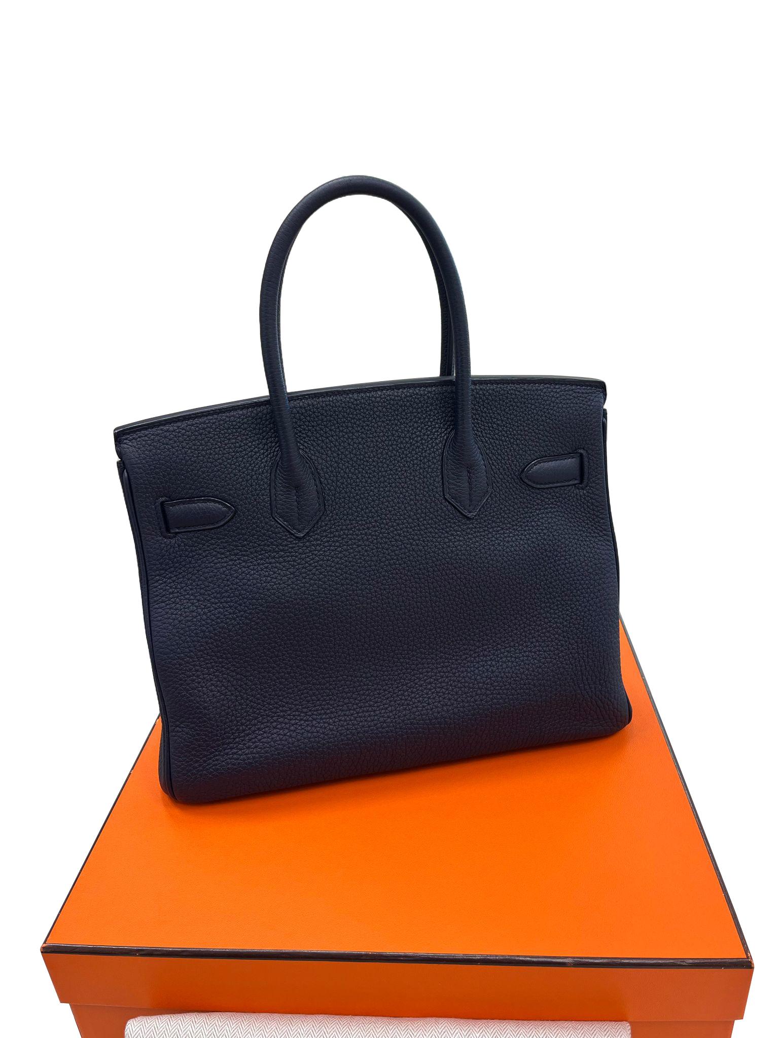 Hermes Birkin 30 Officier Bleu Nuit/Vert Cypress Togo Leather Palladium Hardware For Sale 5