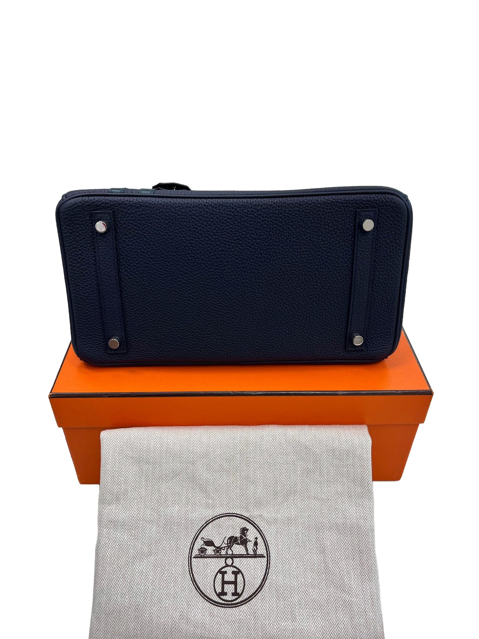 Hermes Birkin 30 Officier Bleu Nuit/Vert Cypress Togo Leather Palladium Hardware For Sale 6