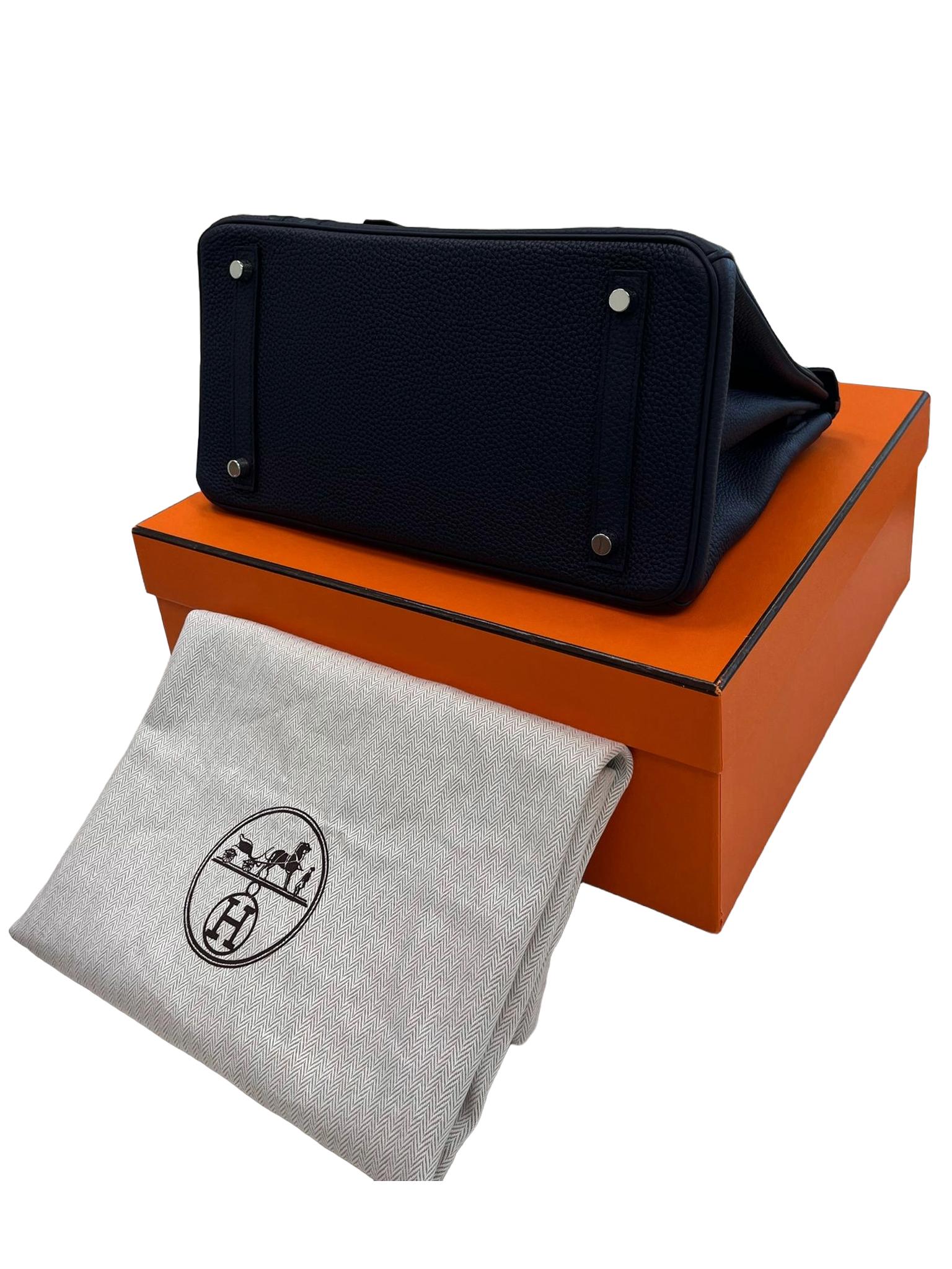 Hermes Birkin 30 Officier Bleu Nuit/Vert Cypress Togo Leather Palladium Hardware For Sale 7