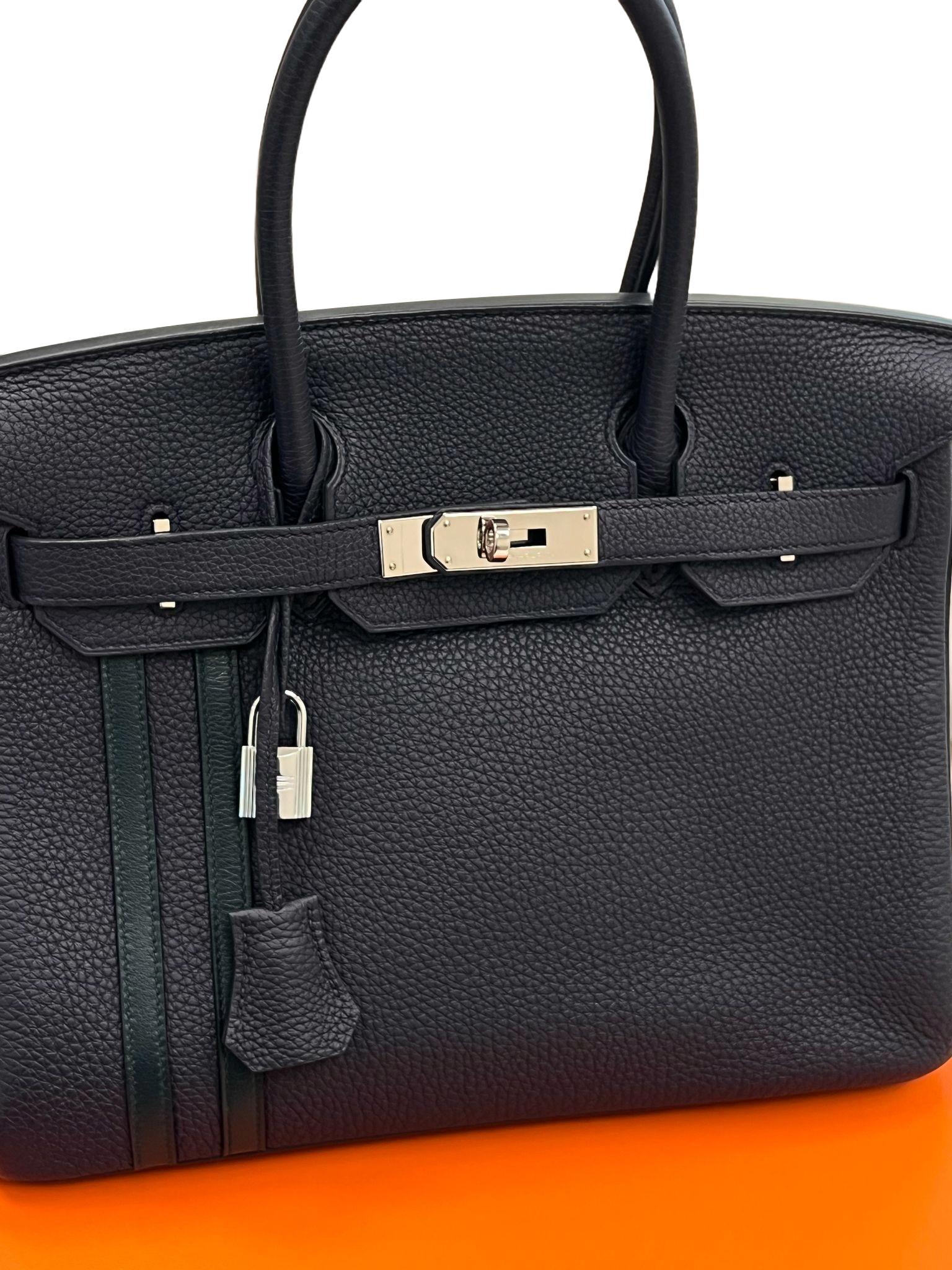 Hermes Birkin 30 Officier Bleu Nuit/Vert Cypress Togo Leather Palladium Hardware For Sale 9