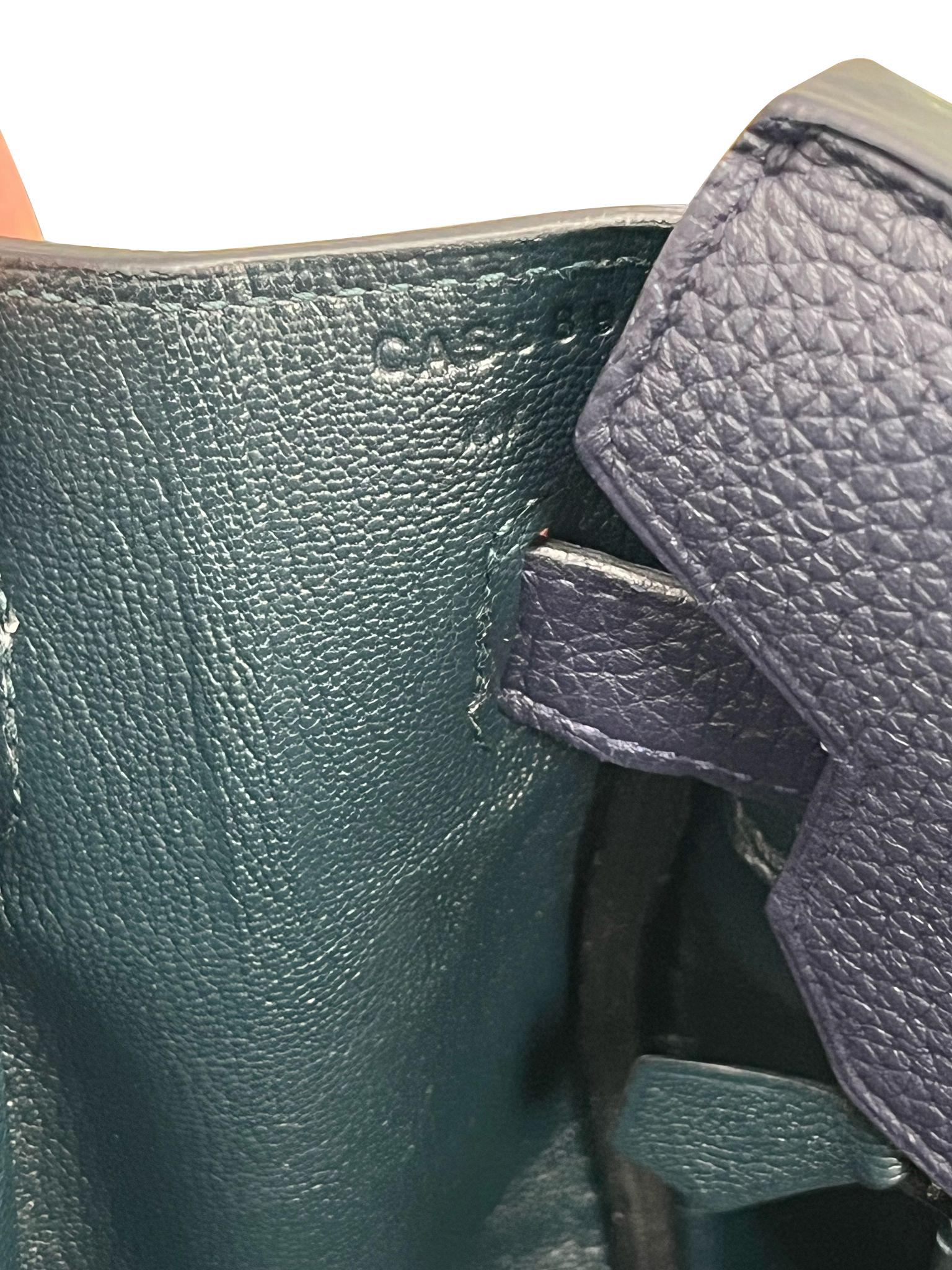 Hermes Birkin 30 Officier Bleu Nuit/Vert Cypress Togo Leather Palladium Hardware For Sale 11