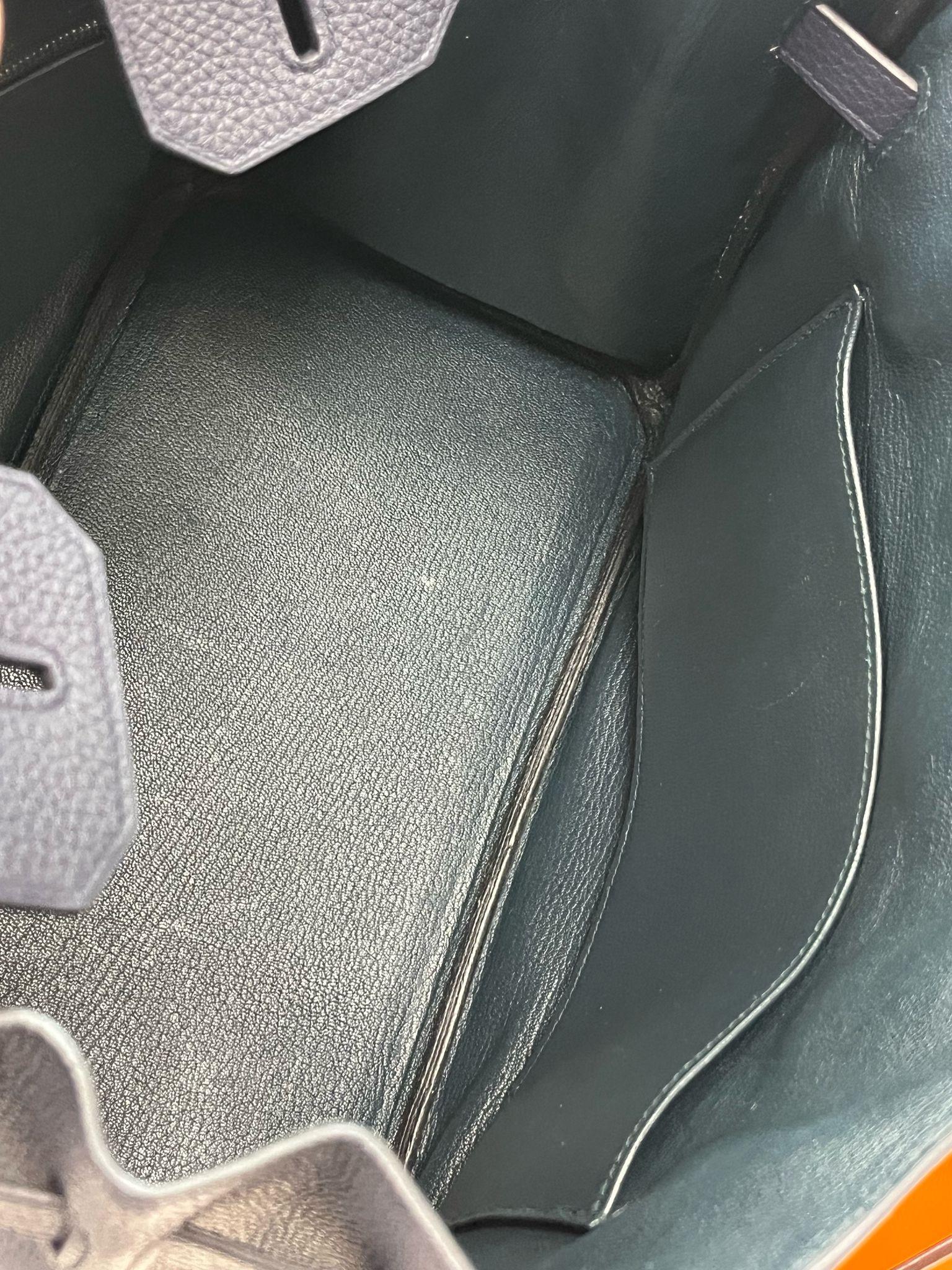 Hermes Birkin 30 Officier Bleu Nuit/Vert Cypress Togo Leather Palladium Hardware For Sale 13