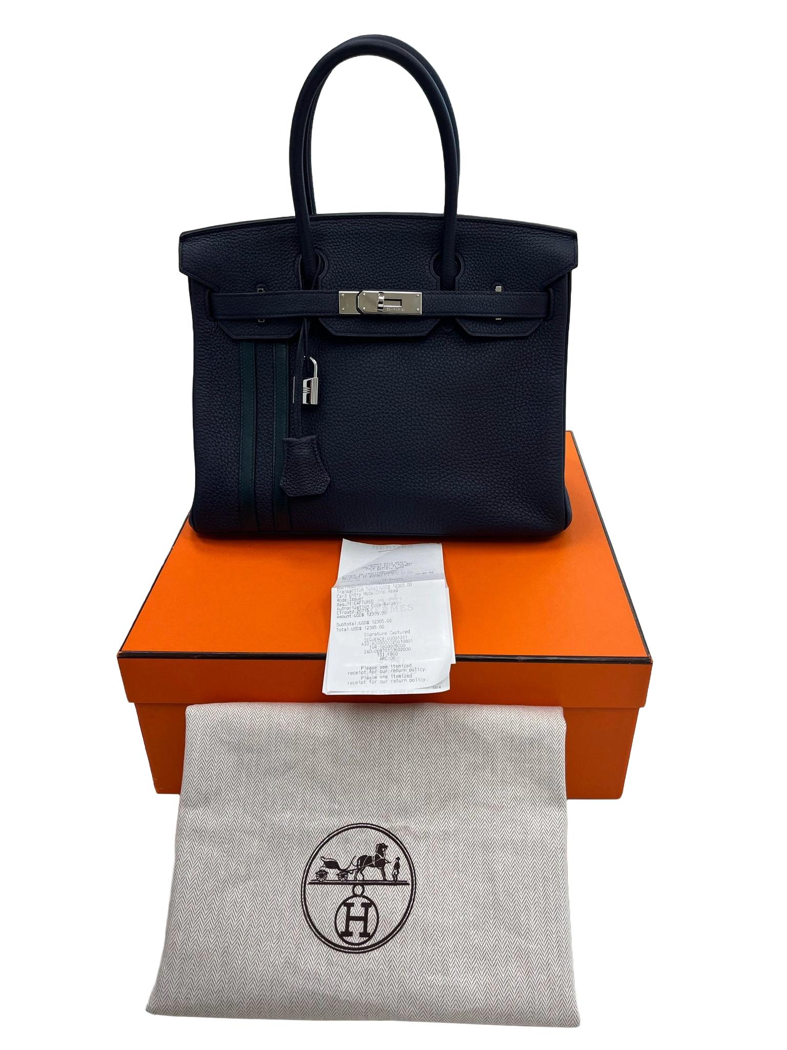 Women's Hermes Birkin 30 Officier Bleu Nuit/Vert Cypress Togo Leather Palladium Hardware For Sale