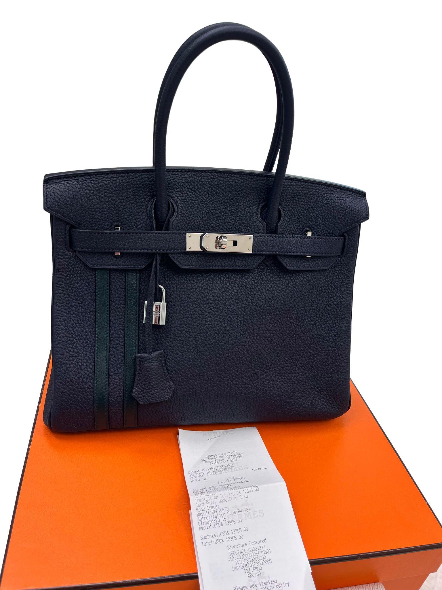 Hermes Birkin 30 Officier Bleu Nuit/Vert Cypress Togo Leather Palladium Hardware For Sale 1
