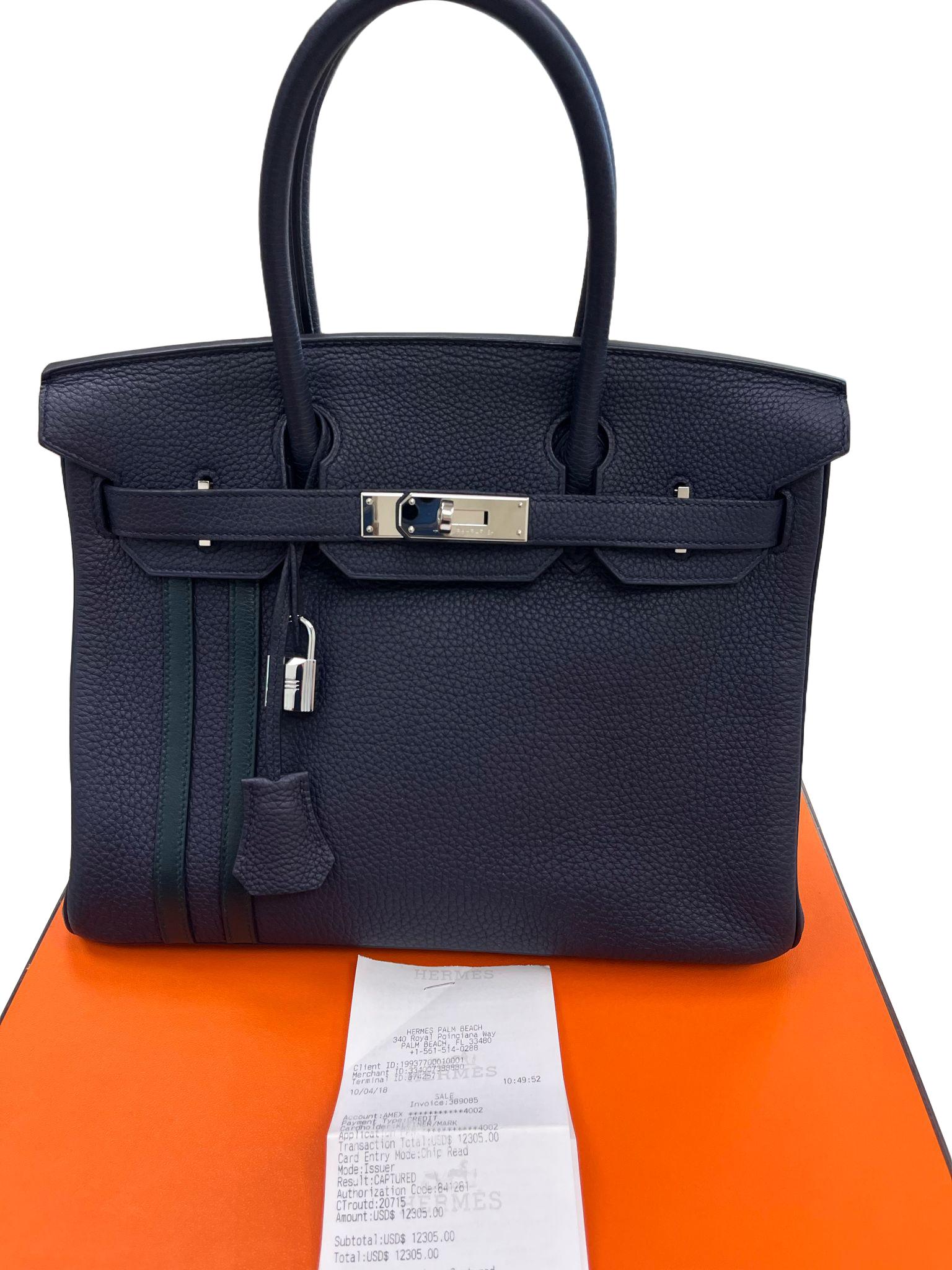 Hermes Birkin 30 Officier Bleu Nuit/Vert Cypress Togo Leather Palladium Hardware For Sale 2