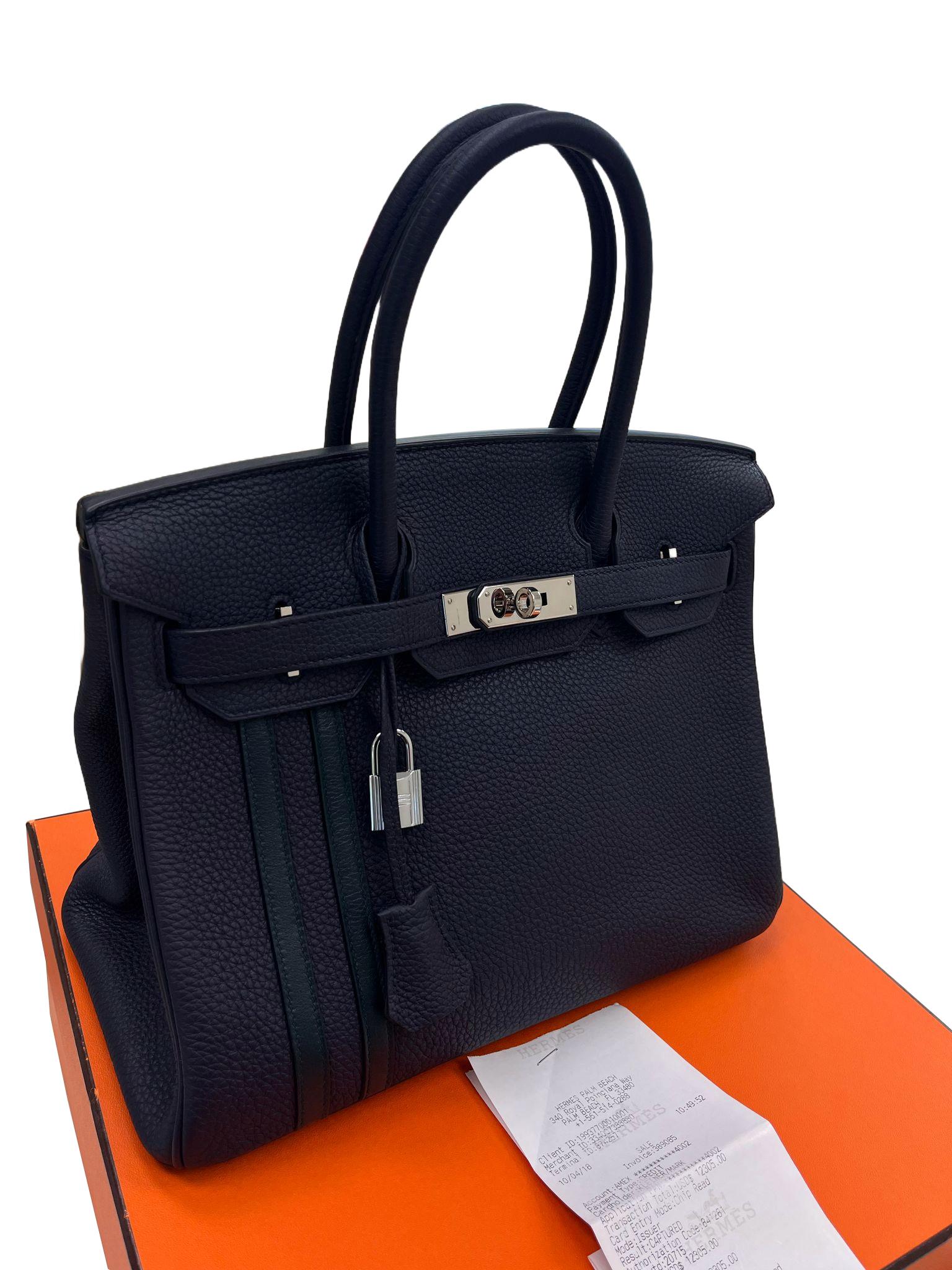 Hermes Birkin 30 Officier Bleu Nuit/Vert Cypress Togo Leather Palladium Hardware For Sale 3