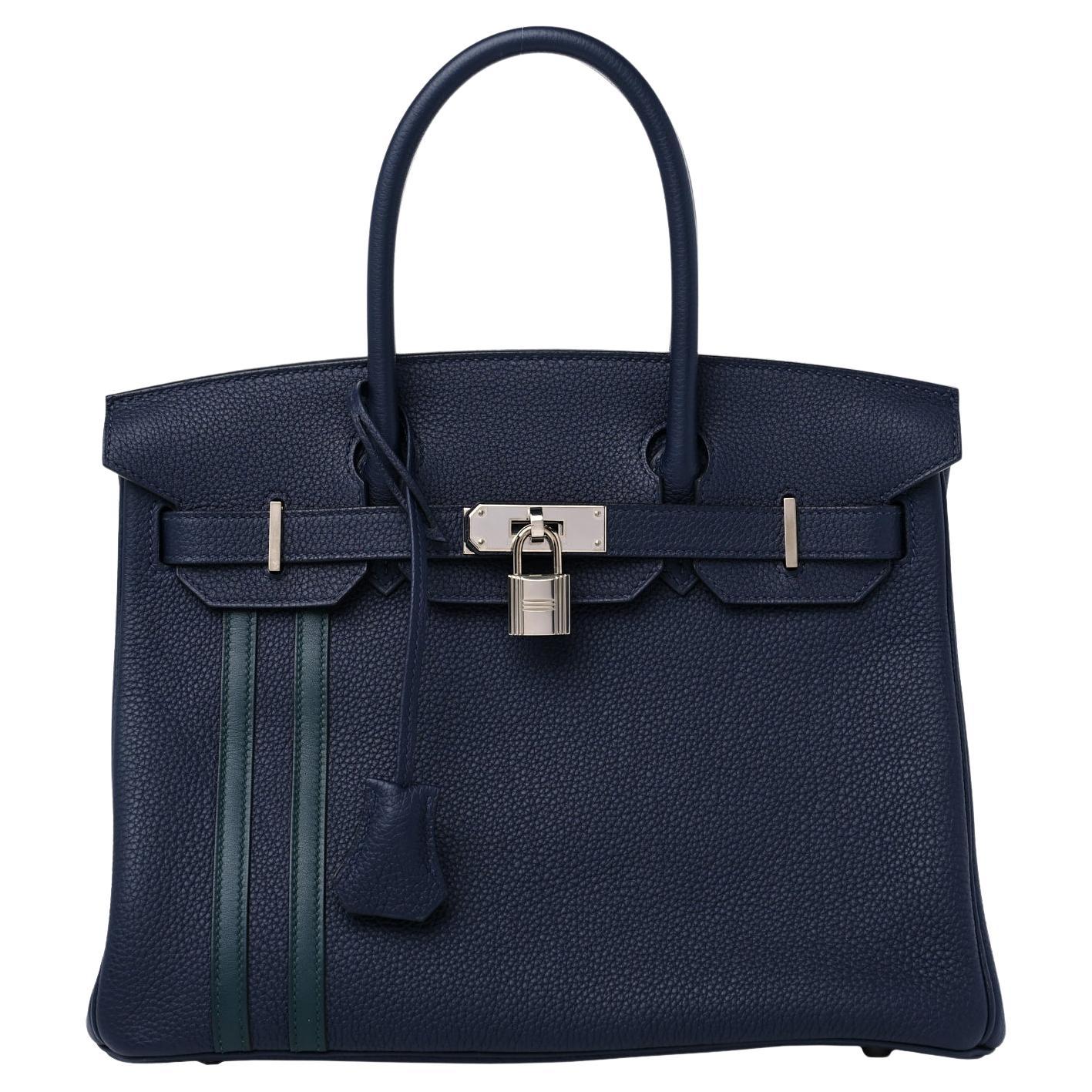 Hermes Birkin 30 Officier Bleu Nuit/Vert Cypress Togo Leather Palladium Hardware For Sale
