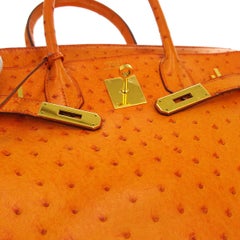 Hermes Birkin 30 Orange Exotic Ostrich Leather Gold Top Handle Satchel Tote Bag